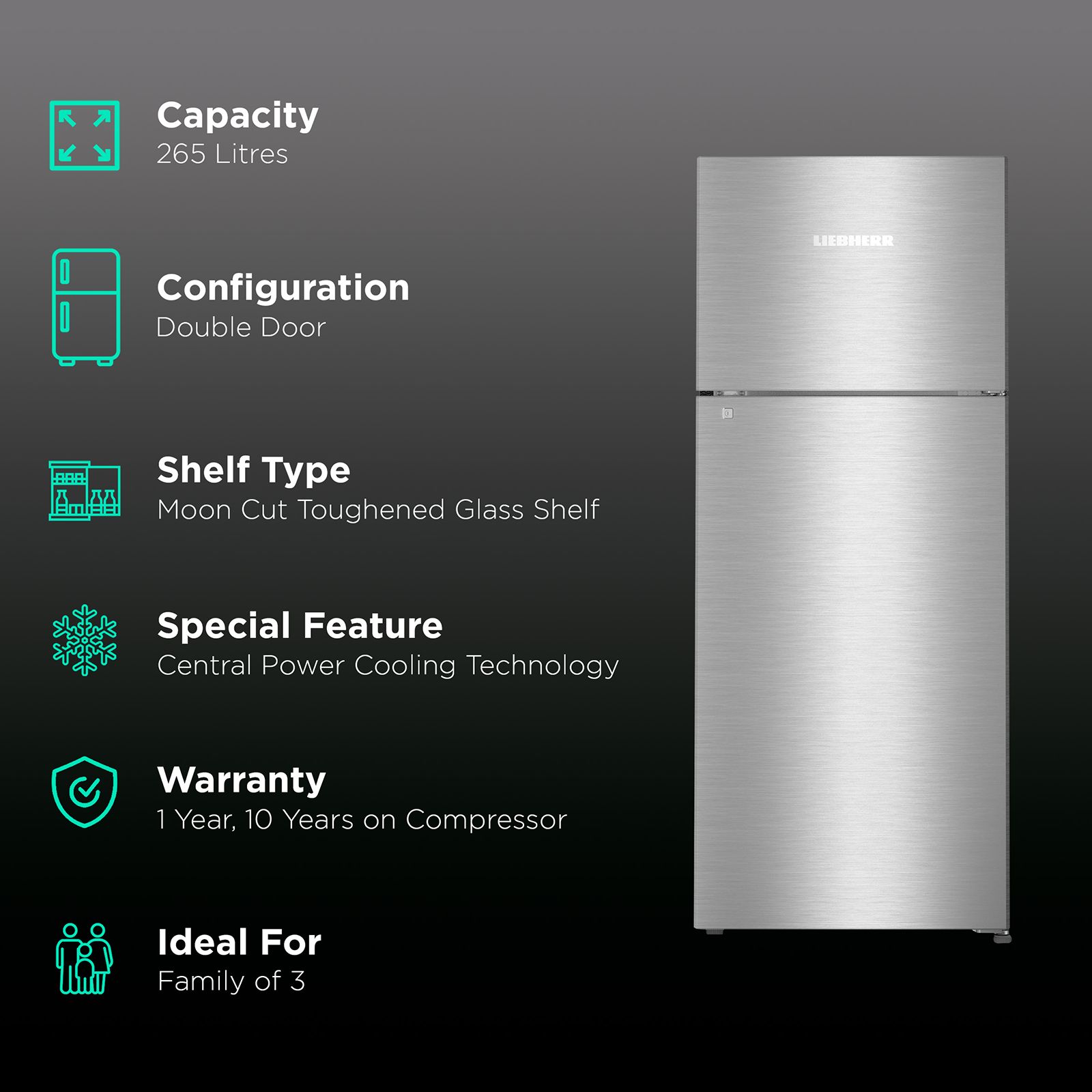 LIEBHERR 265 Litres 3 Star Frost Free Double Door Refrigerator with Central Power Cooling (TCSL 2640, Edelstahllook) LIEBHERR 265 Litres 3 Star Frost Free Double Door Refrigerator with Central Power Cooling (TCSL 2640, Edelstahllook)_2
