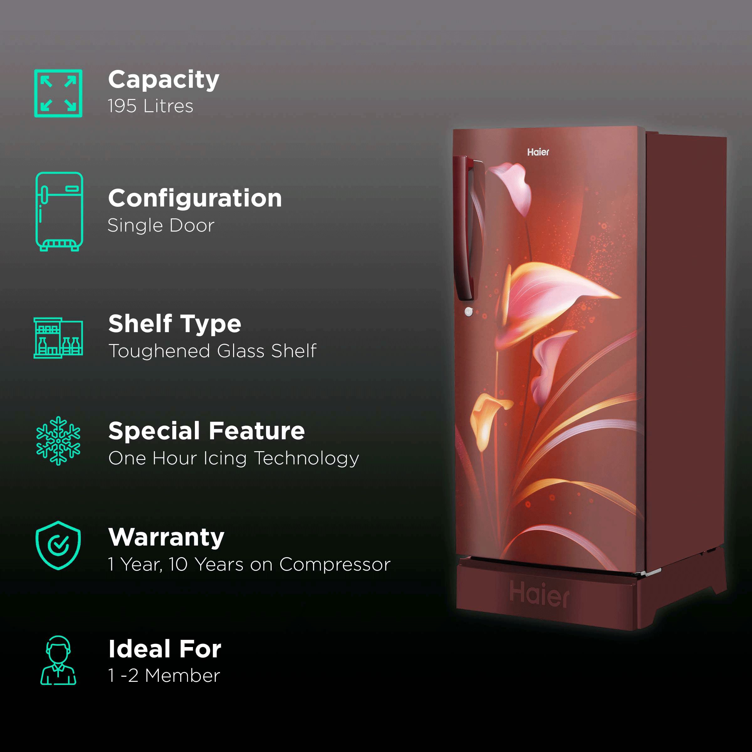 Haier 195 Litres 3 Star Direct Cool Single Door Refrigerator with Multi Air Flow System (HRD-1953CPRA-E, Red Arum) Haier 195 Litres 3 Star Direct Cool Single Door Refrigerator with Multi Air Flow System (HRD-1953CPRA-E, Red Arum)_2
