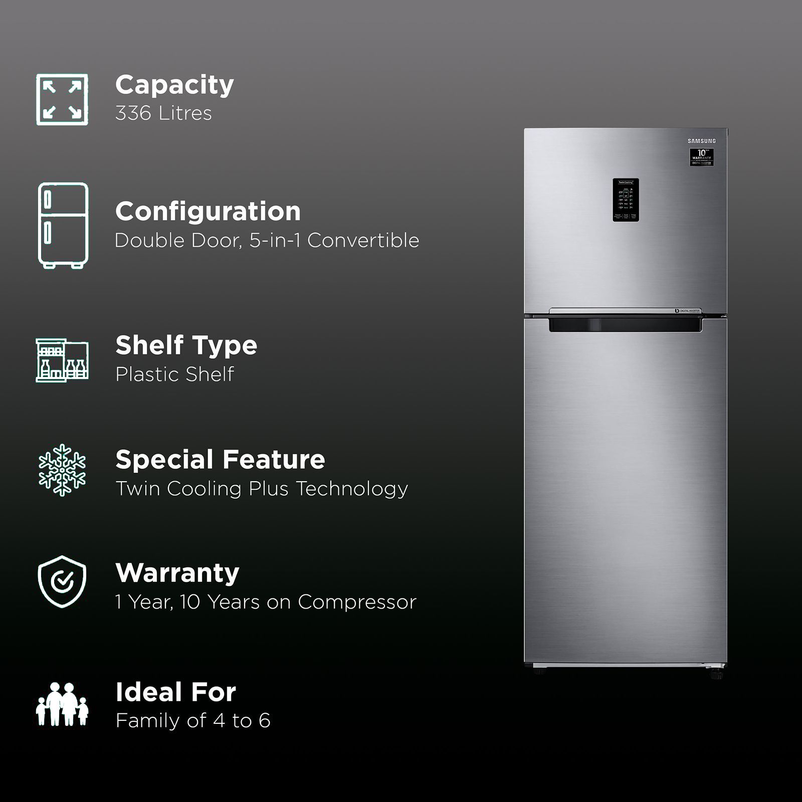 SAMSUNG 336 Litres 2 Star Frost Free Double Door Convertible Refrigerator with Curd Maestro (RT37A4632S9/HL, Refined Inox)_2