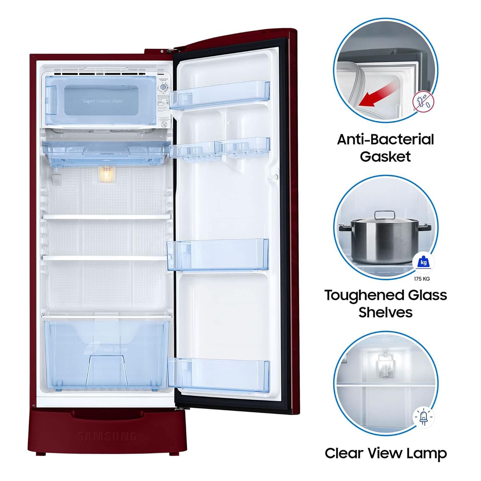 SAMSUNG Stylish Crown 192 Litres 2 Star Direct Cool Single Door Refrigerator with Base Stand Drawer (RR19A2Z2B6R/NL, Mystic Overlay Red) SAMSUNG Stylish Crown 192 Litres 2 Star Direct Cool Single Door Refrigerator with Base Stand Drawer (RR19A2Z2B6R/NL, Mystic Overlay Red)_16