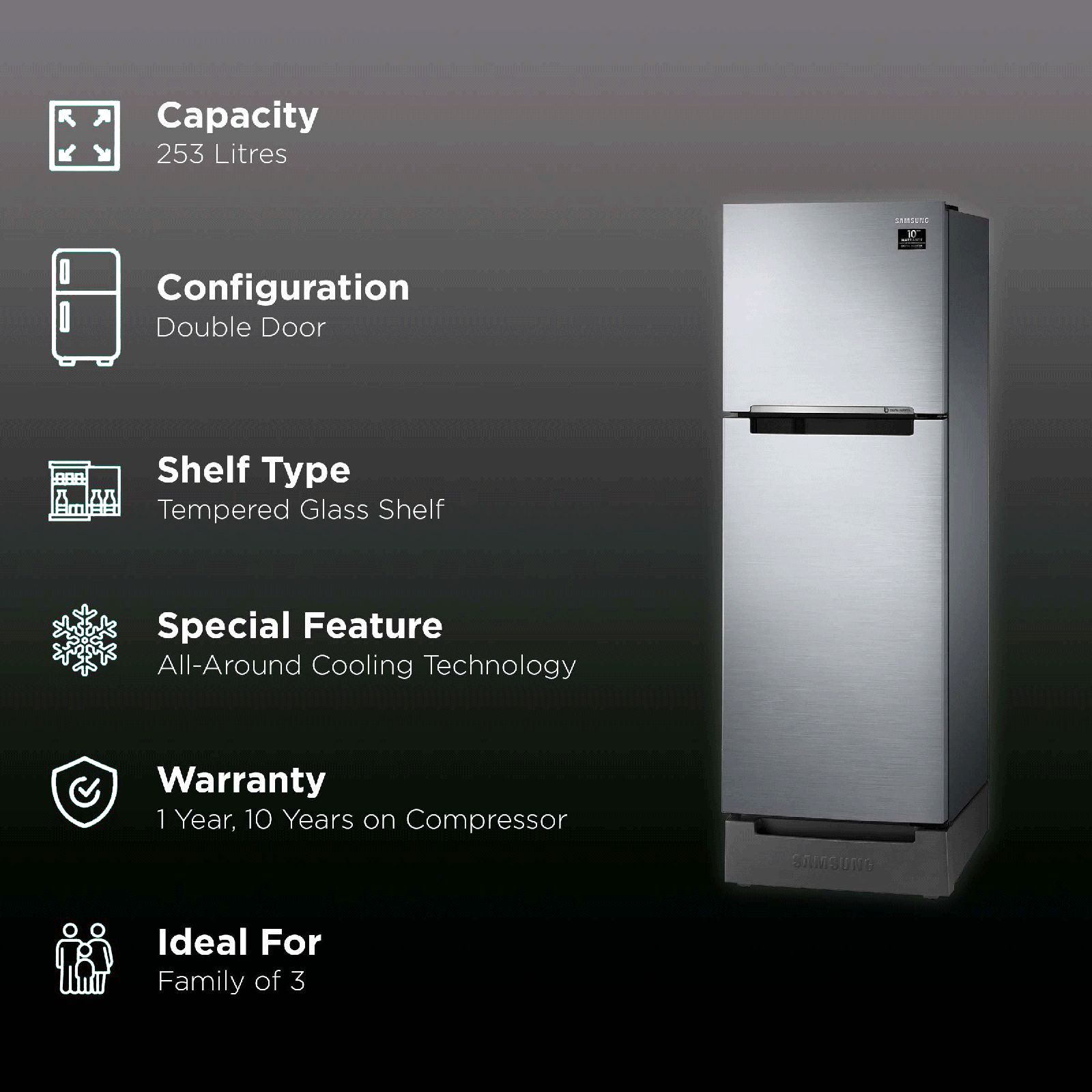 SAMSUNG 253 Litres 2 Star Frost Free Double Door Refrigerator with Base Stand Drawer (RT28T3122S8/HL, Elegant Inox) SAMSUNG 253 Litres 2 Star Frost Free Double Door Refrigerator with Base Stand Drawer (RT28T3122S8/HL, Elegant Inox)_2