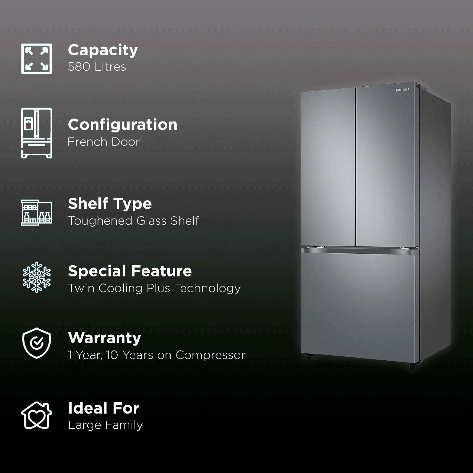 SAMSUNG 580 Litres 4 Star Frost Free French Door Convertible Refrigerator with Twin Cooling Plus Technology (RF57A5032S9/TL, Refined Inox) SAMSUNG 580 Litres 4 Star Frost Free French Door Convertible Refrigerator with Twin Cooling Plus Technology (RF57A5032S9/TL, Refined Inox)_2