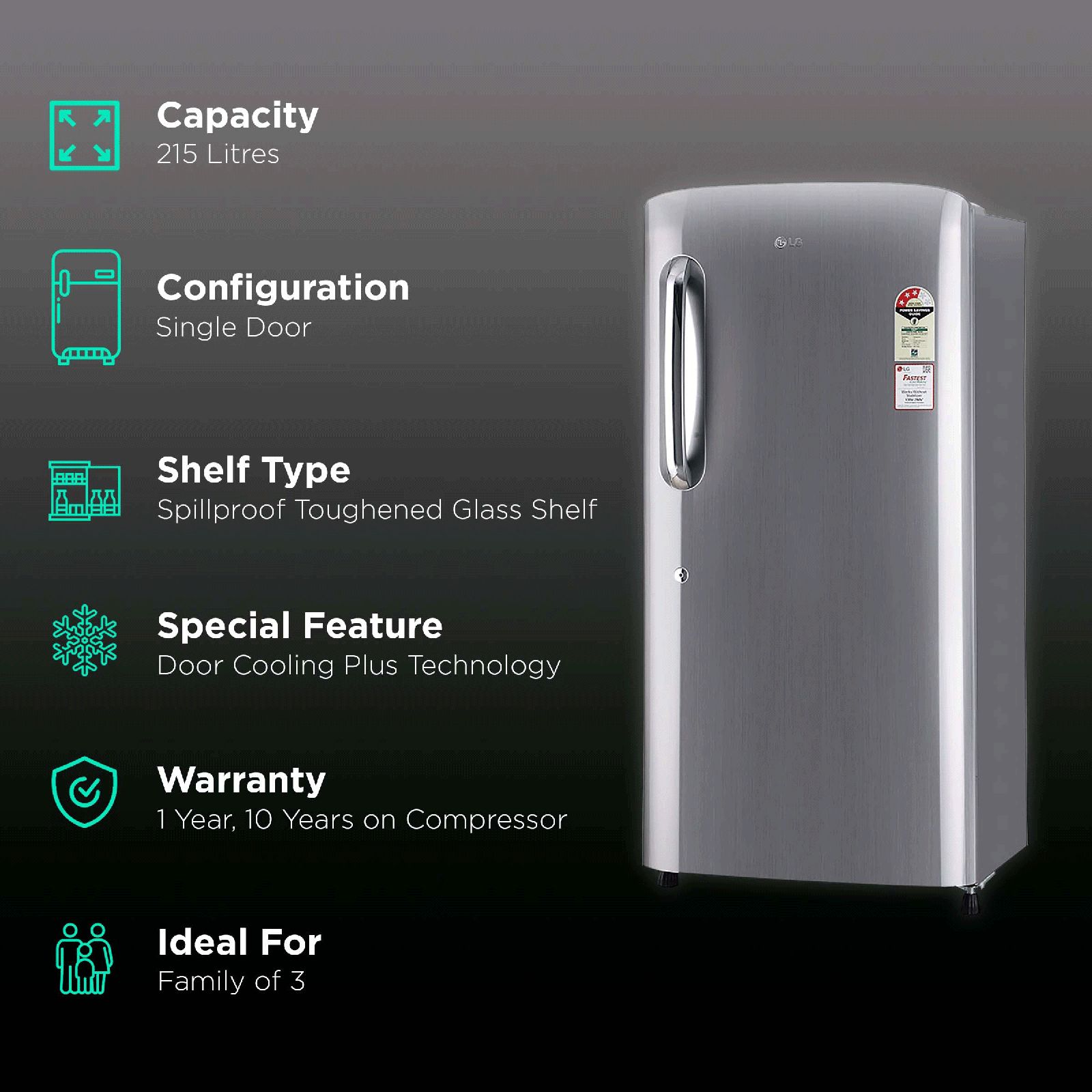 LG 215 Litres 3 Star Direct Cool Single Door Refrigerator with Stabilizer Free Operation (GL-B221APZD, Shiny Steel) LG 215 Litres 3 Star Direct Cool Single Door Refrigerator with Stabilizer Free Operation (GL-B221APZD, Shiny Steel)_2