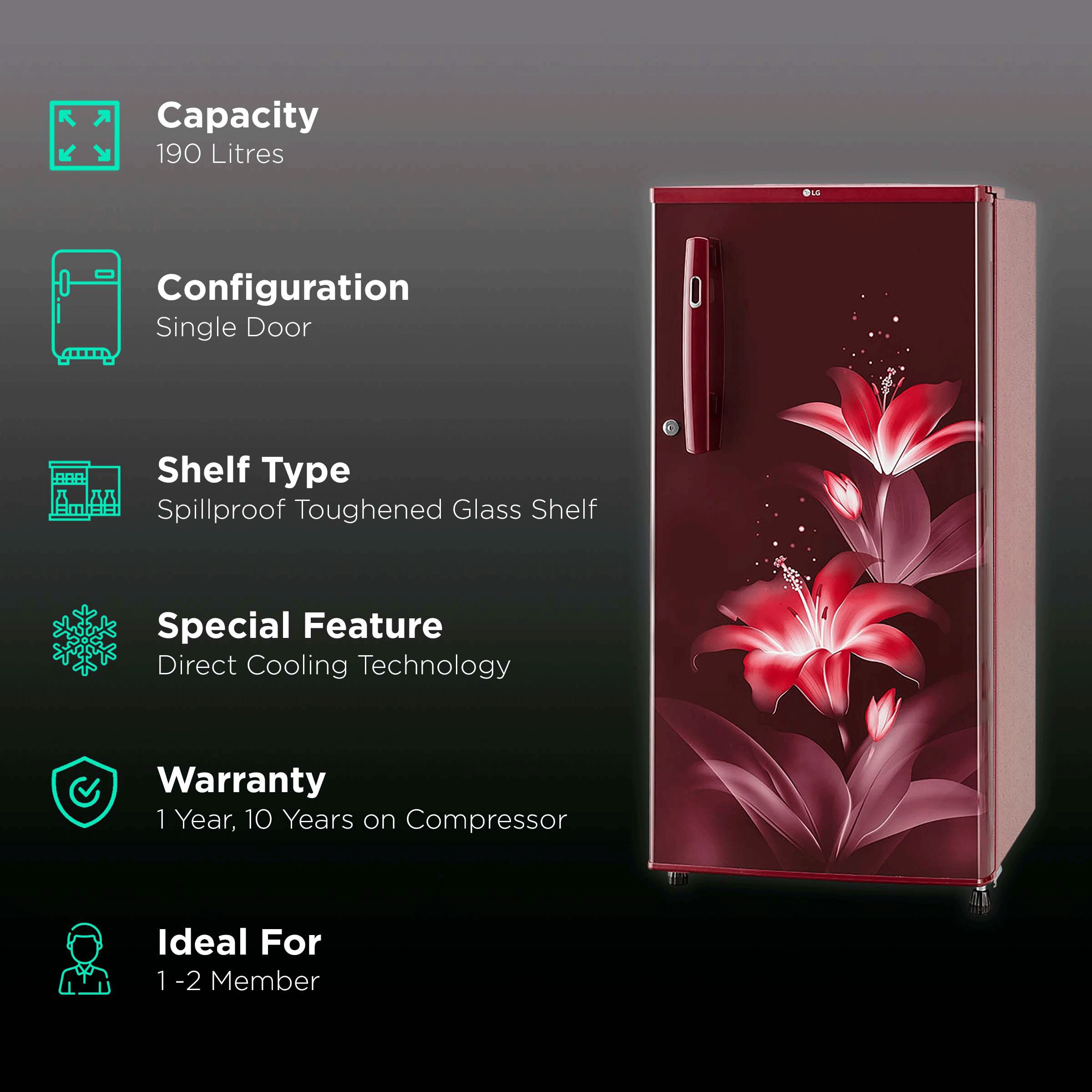 LG 190 Litres 1 Star Direct Cool Single Door Refrigerator with Stabilizer Free Operation (GL-B199ORGB, Ruby Glow) LG 190 Litres 1 Star Direct Cool Single Door Refrigerator with Stabilizer Free Operation (GL-B199ORGB, Ruby Glow)_2