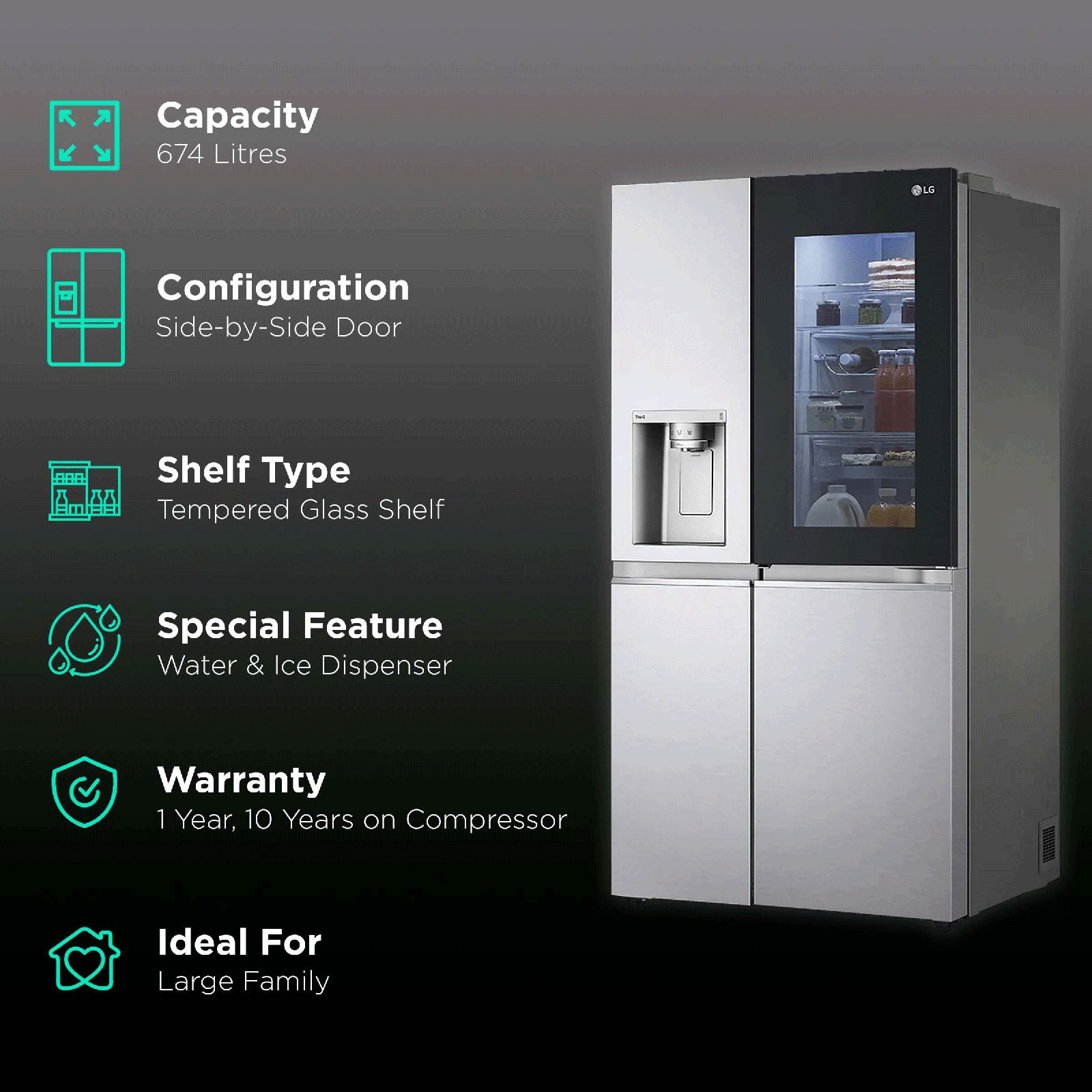 LG 674 Litres Frost Free Side by Side Door Smart Wi-Fi Enabled Refrigerator with InstaView Door-in-Door (GC-X257CSES.ABSQEB, Noble Steel) LG 674 Litres Frost Free Side by Side Door Smart Wi-Fi Enabled Refrigerator with InstaView Door-in-Door (GC-X257CSES.ABSQEB, Noble Steel)_2