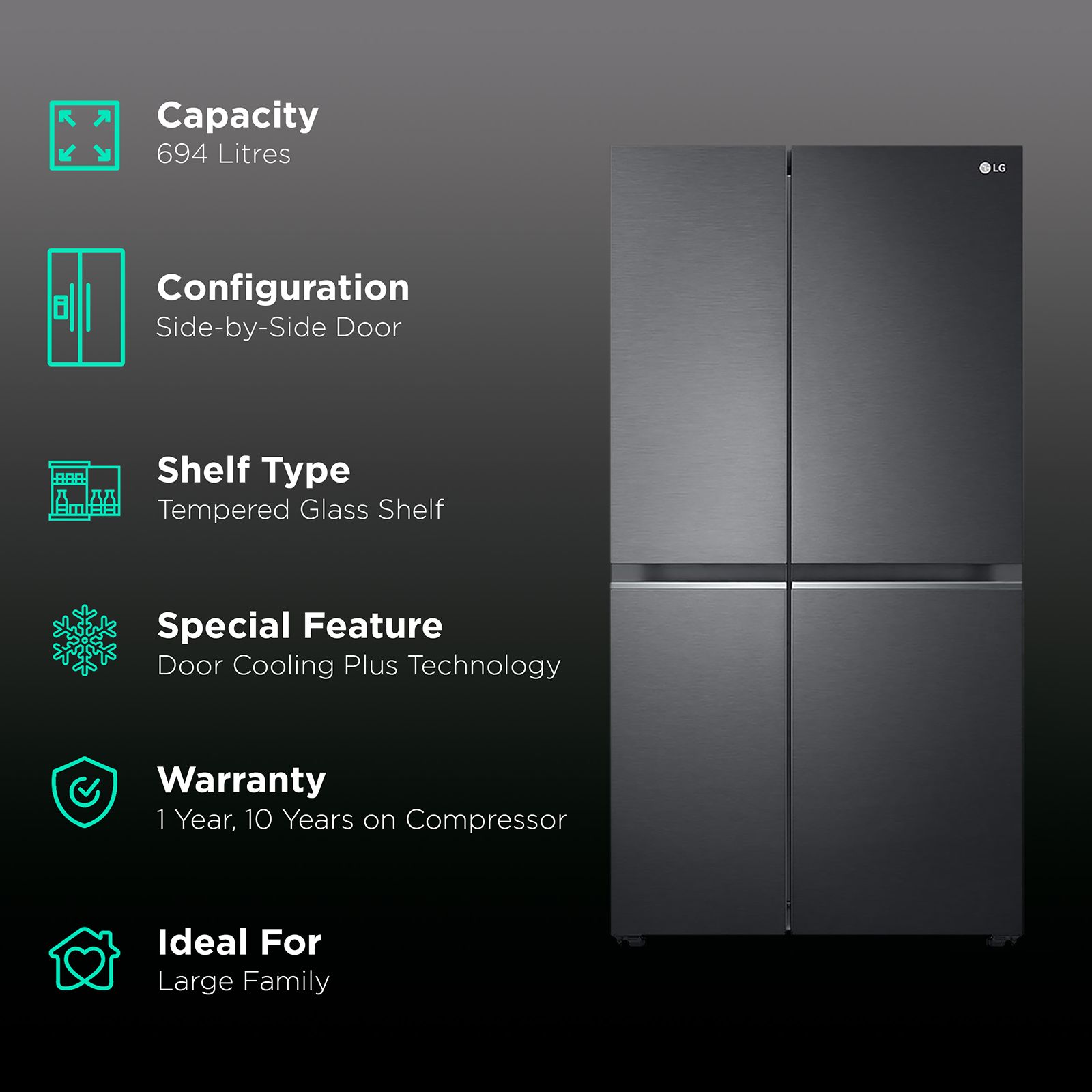 LG 694 Litres Frost Free Side by Side Refrigerator with Door Cooling Plus Technology (GC-B257SQUV.AMCQEB, Matte Black)_2