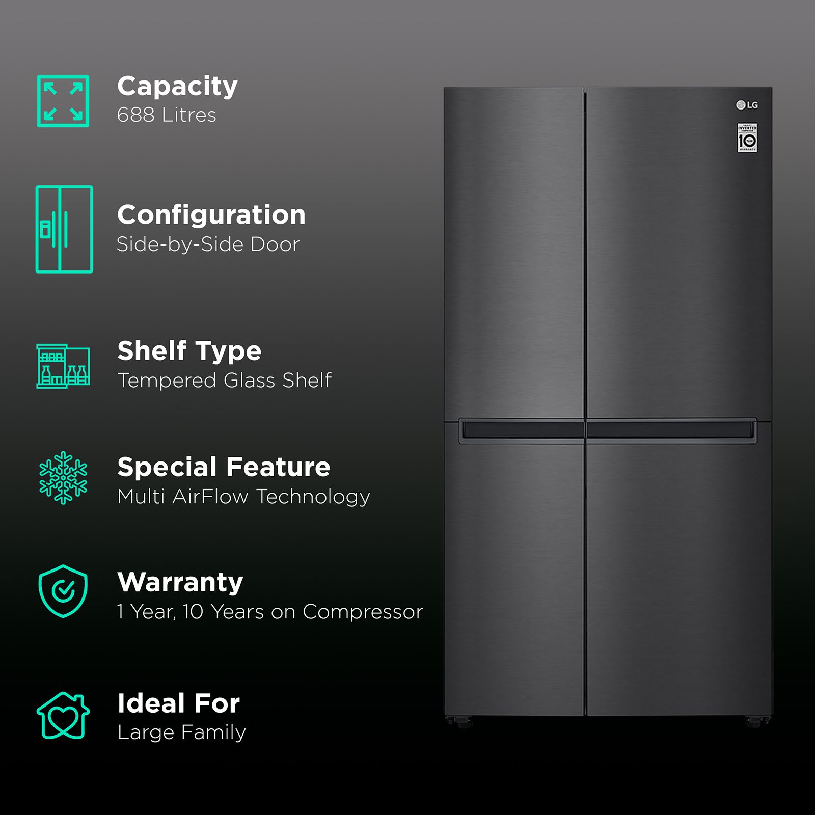 LG 655 Litres Frost Free Side by Side Refrigerator with Door Cooling Plus Technology (GC-B257KQBV.AMCQEB, Matte Black) LG 655 Litres Frost Free Side by Side Refrigerator with Door Cooling Plus Technology (GC-B257KQBV.AMCQEB, Matte Black)_2