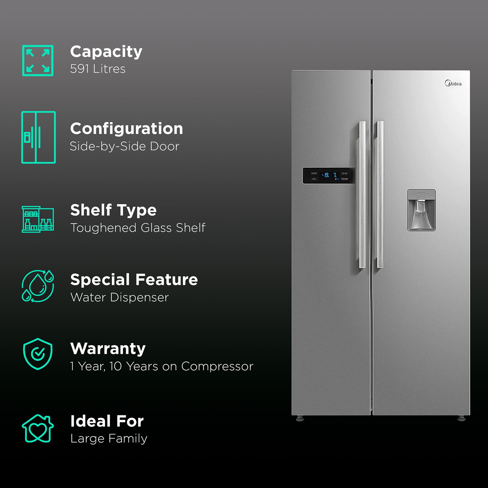 Midea 591 Litres Frost Free Side by Side Refrigerator with Water Dispenser (MRF5920WDSSF, Silver)_2