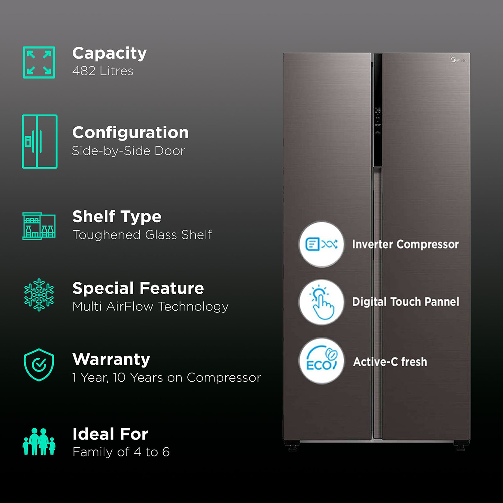 Midea 482 Litres Frost Free Side by Side Refrigerator with Multi Air Flow System (MDRS619FGG28AIND, Black Jazz) Midea 482 Litres Frost Free Side by Side Refrigerator with Multi Air Flow System (MDRS619FGG28AIND, Black Jazz)_2
