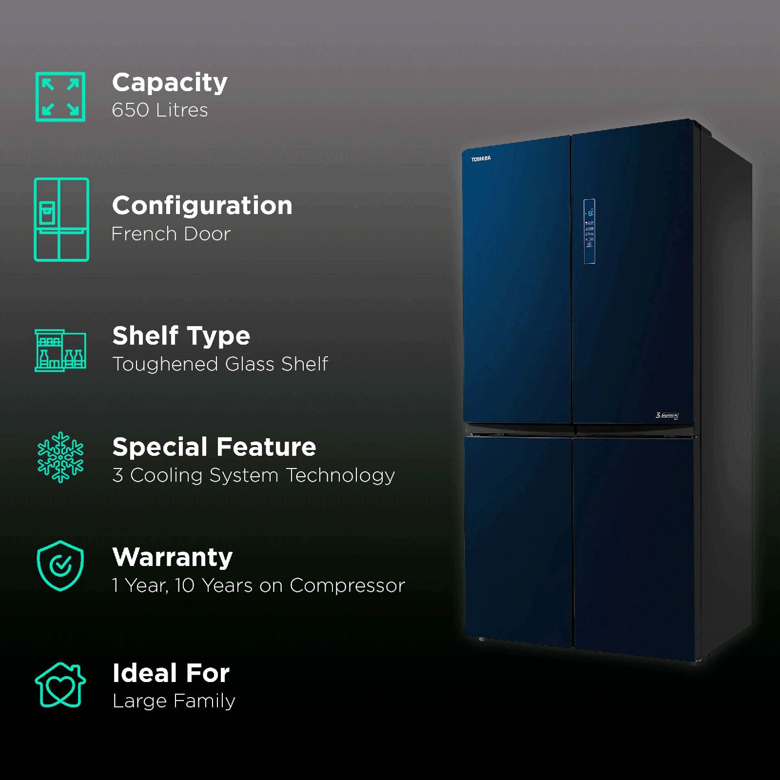 TOSHIBA 650 Litres Frost Free French Door Convertible Refrigerator with 3 Independent Cooling Technology (GR-RF646WE-PGI, Blue Glass)_2