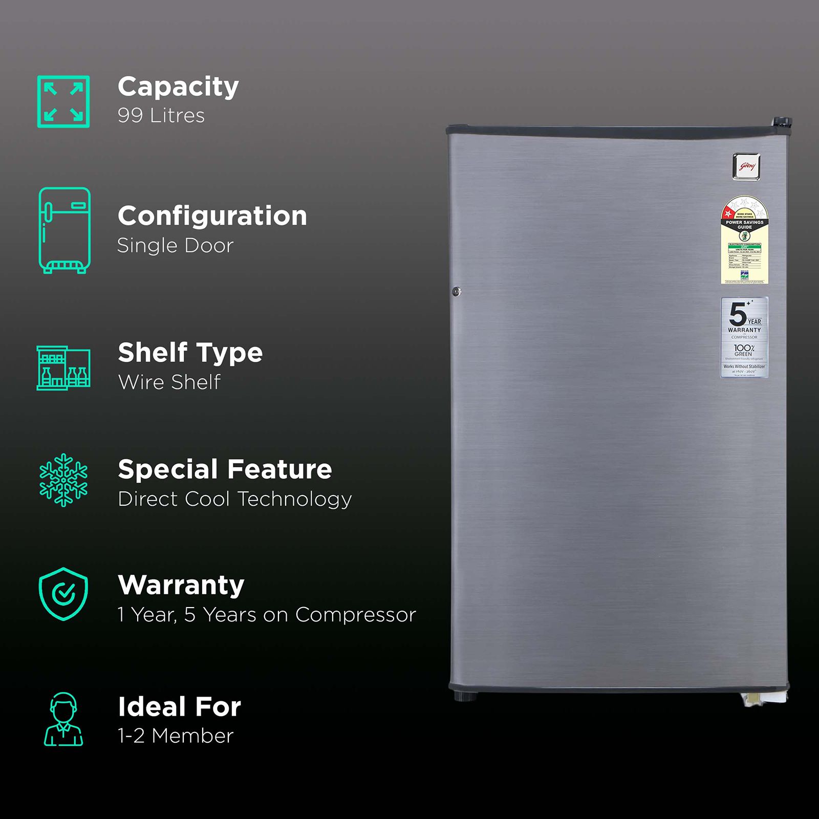 Godrej Champion 99 Liters 1 Star Direct Cool Single Door Refrigerator with Anti Bacterial Technology (RD CHAMP 114A13 WR, Steel Grey)_2