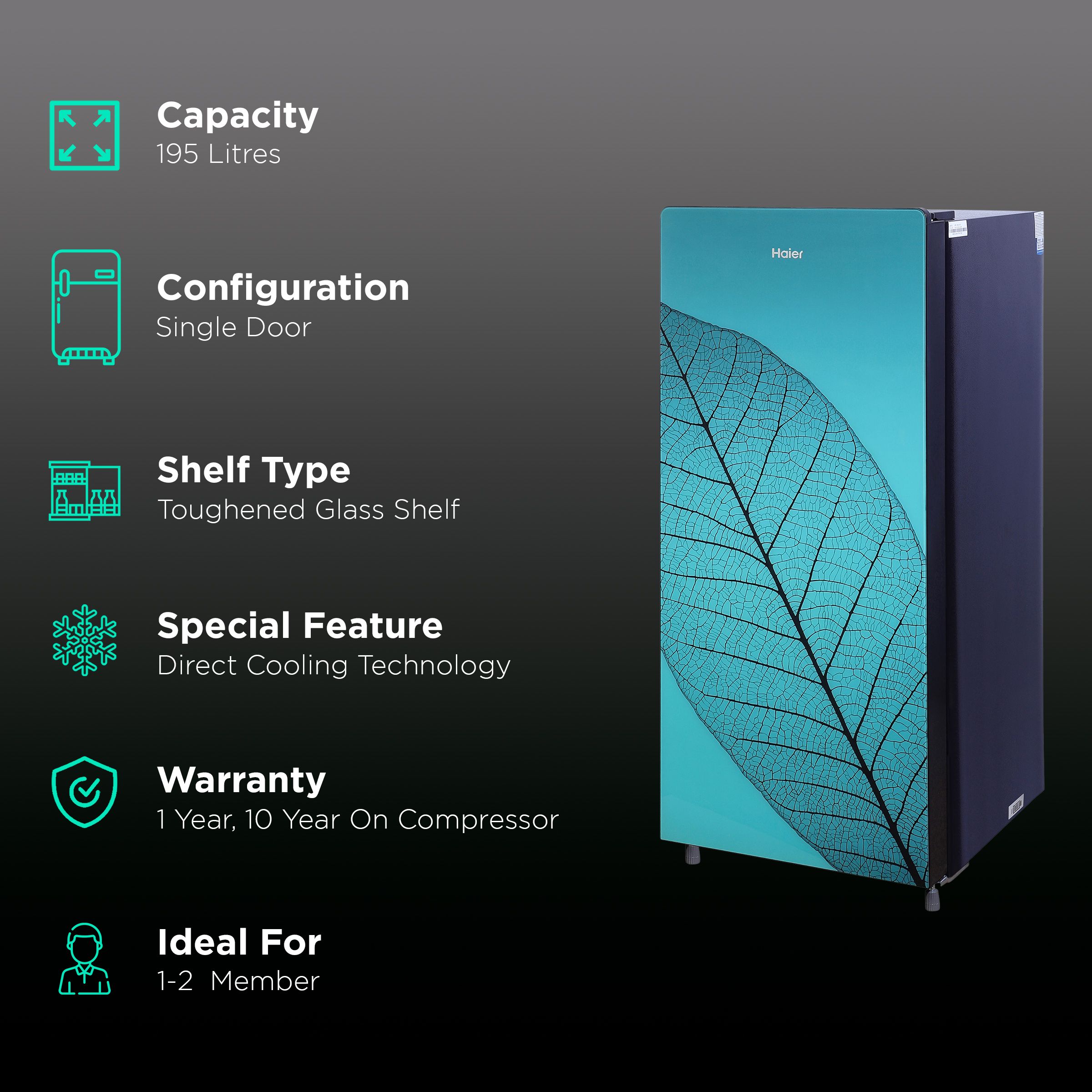 Haier 195 Litres 4 Star Direct Cool Single Door Refrigerator with Stabilizer Free Operation (HRD-1954CHG-E, HolyLeaf Glass) Haier 195 Litres 4 Star Direct Cool Single Door Refrigerator with Stabilizer Free Operation (HRD-1954CHG-E, HolyLeaf Glass)_2