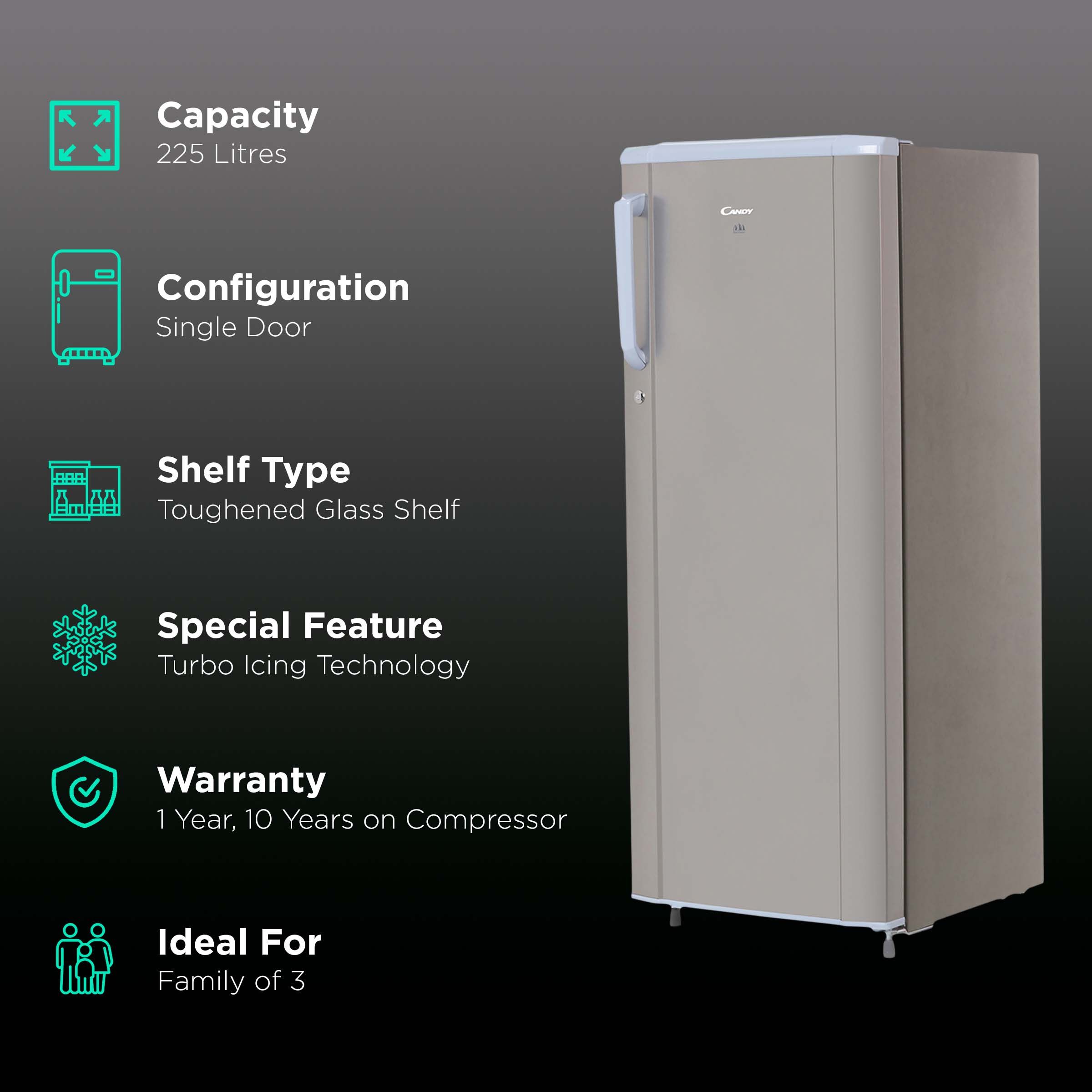 Candy 225 Liters 2 Star Direct Cool Single Door Refrigerator with Turbo Icing Technology (CSD2252MS, Moon Silver)_2