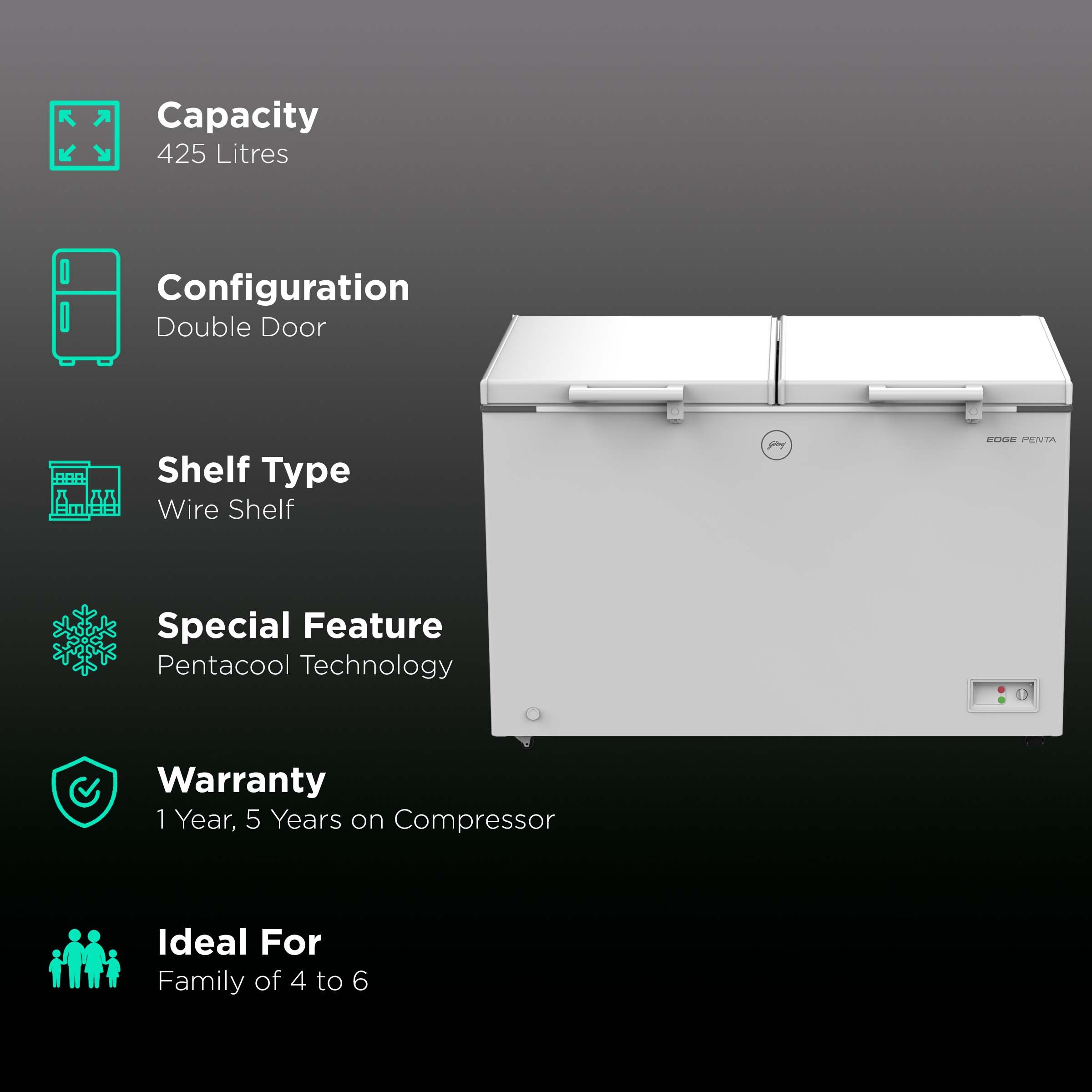 Godrej Edge Penta 425 Litres 3 Star Double Door Deep Freezer (PentaCool Technology, DH EPenta 425C 31C, Royal White) Godrej Edge Penta 425 Litres 3 Star Double Door Deep Freezer (PentaCool Technology, DH EPenta 425C 31C, Royal White)_2