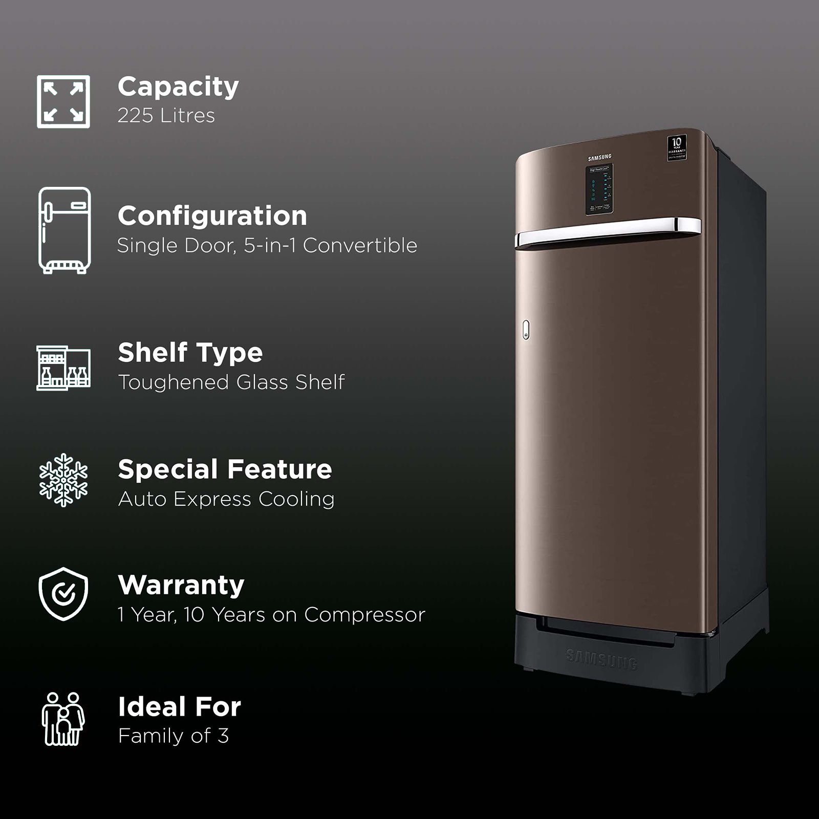 SAMSUNG 225 Liters 5 Star Direct Cool Single Door Refrigerator with Stabilizer Free Operation (RR23A2F3WDX/HL, Luxe Brown) SAMSUNG 225 Liters 5 Star Direct Cool Single Door Refrigerator with Stabilizer Free Operation (RR23A2F3WDX/HL, Luxe Brown)_2