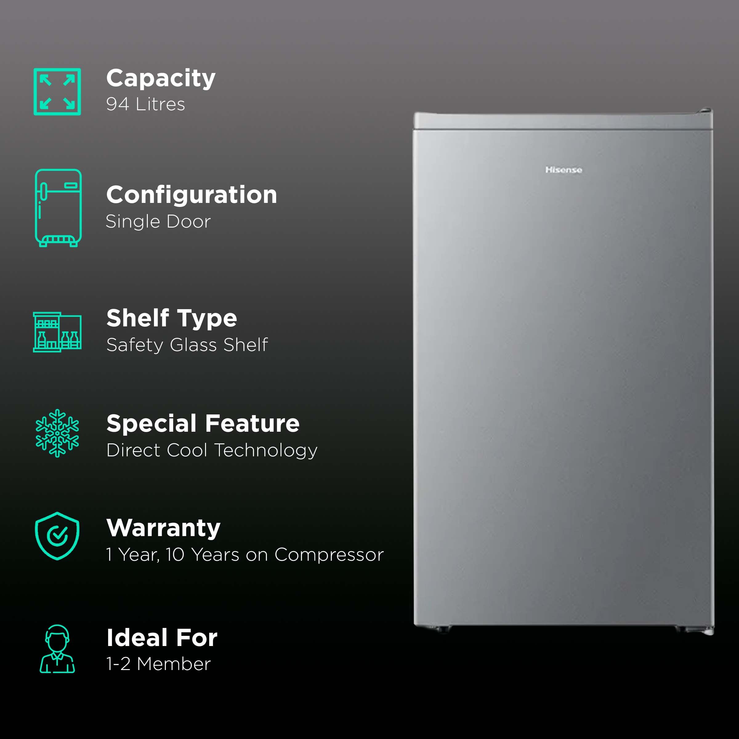 Hisense 94 Liters 2 Star Direct Cool Single Door Refrigerator with Reversible Door (RR94D4SSN, Silver) Hisense 94 Liters 2 Star Direct Cool Single Door Refrigerator with Reversible Door (RR94D4SSN, Silver)_2