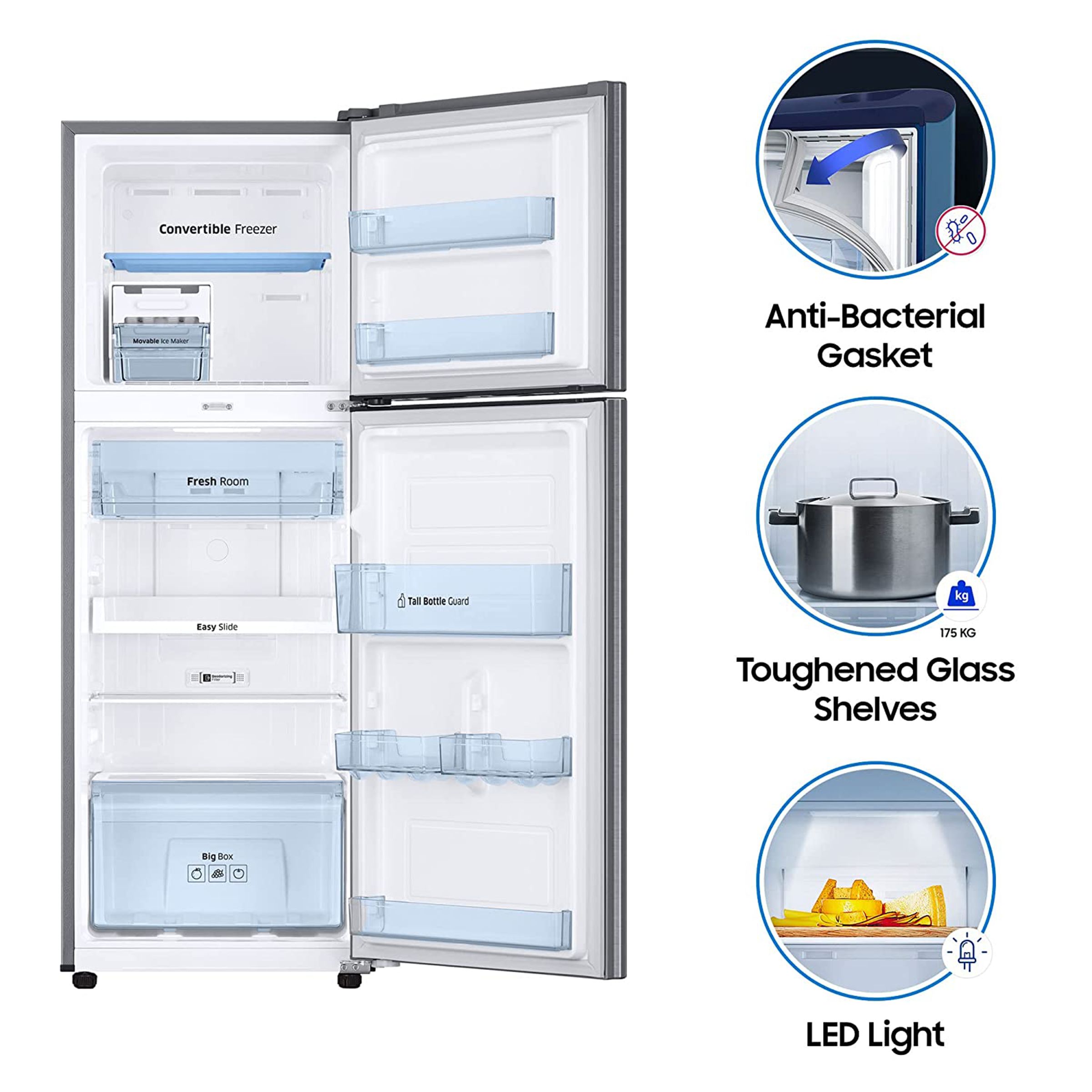 SAMSUNG 253 Litres 3 Star Frost Free Double Door Convertible Refrigerator with All-around Cooling Technology (RT28T3743S8/HL, Elegant Inox)_14