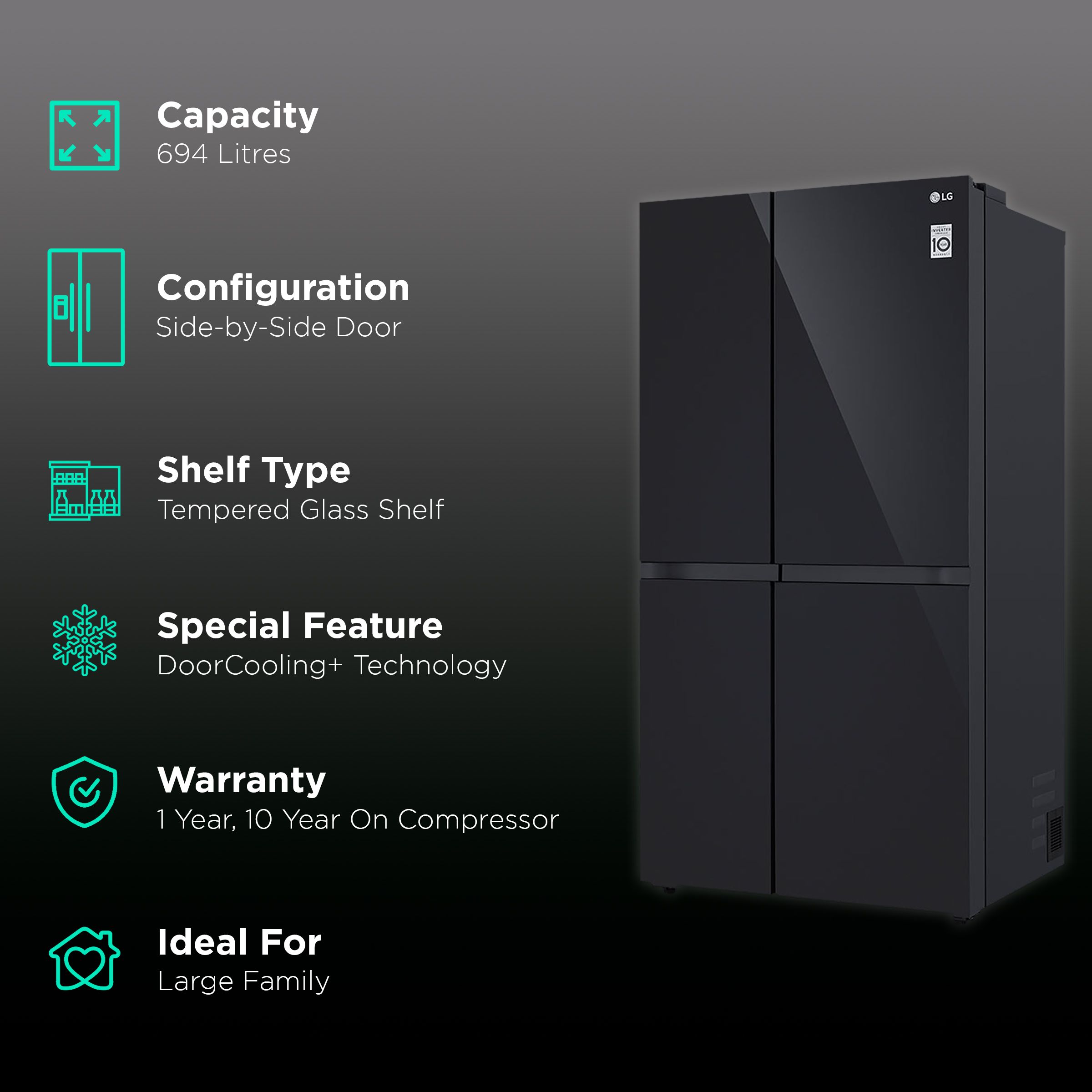 LG 694 Litres Frost Free Side by Side Refrigerator with Multi Air Flow System (GC-B257UGBM, Black Mirror) LG 694 Litres Frost Free Side by Side Refrigerator with Multi Air Flow System (GC-B257UGBM, Black Mirror)_2