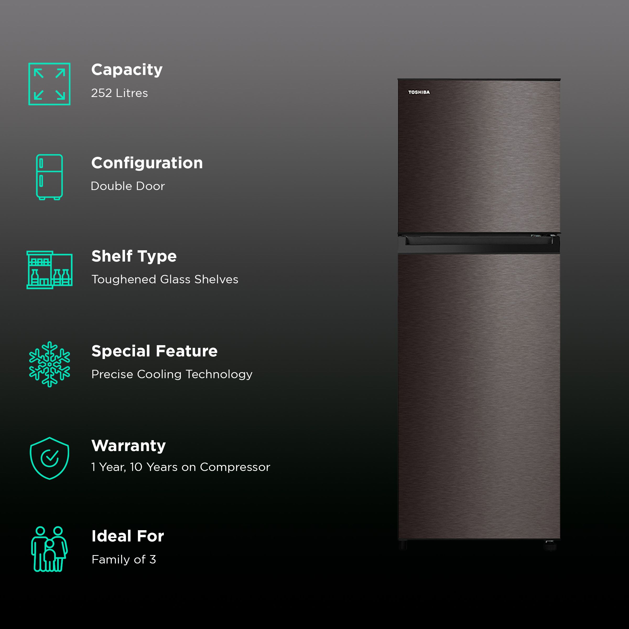 TOSHIBA 252 Litres 2 Star Frost Free Double Door Refrigerator with Cool Air Wrap System (GR-RT302WE-PMI(37), Satin Grey) TOSHIBA 252 Litres 2 Star Frost Free Double Door Refrigerator with Cool Air Wrap System (GR-RT302WE-PMI(37), Satin Grey)_2