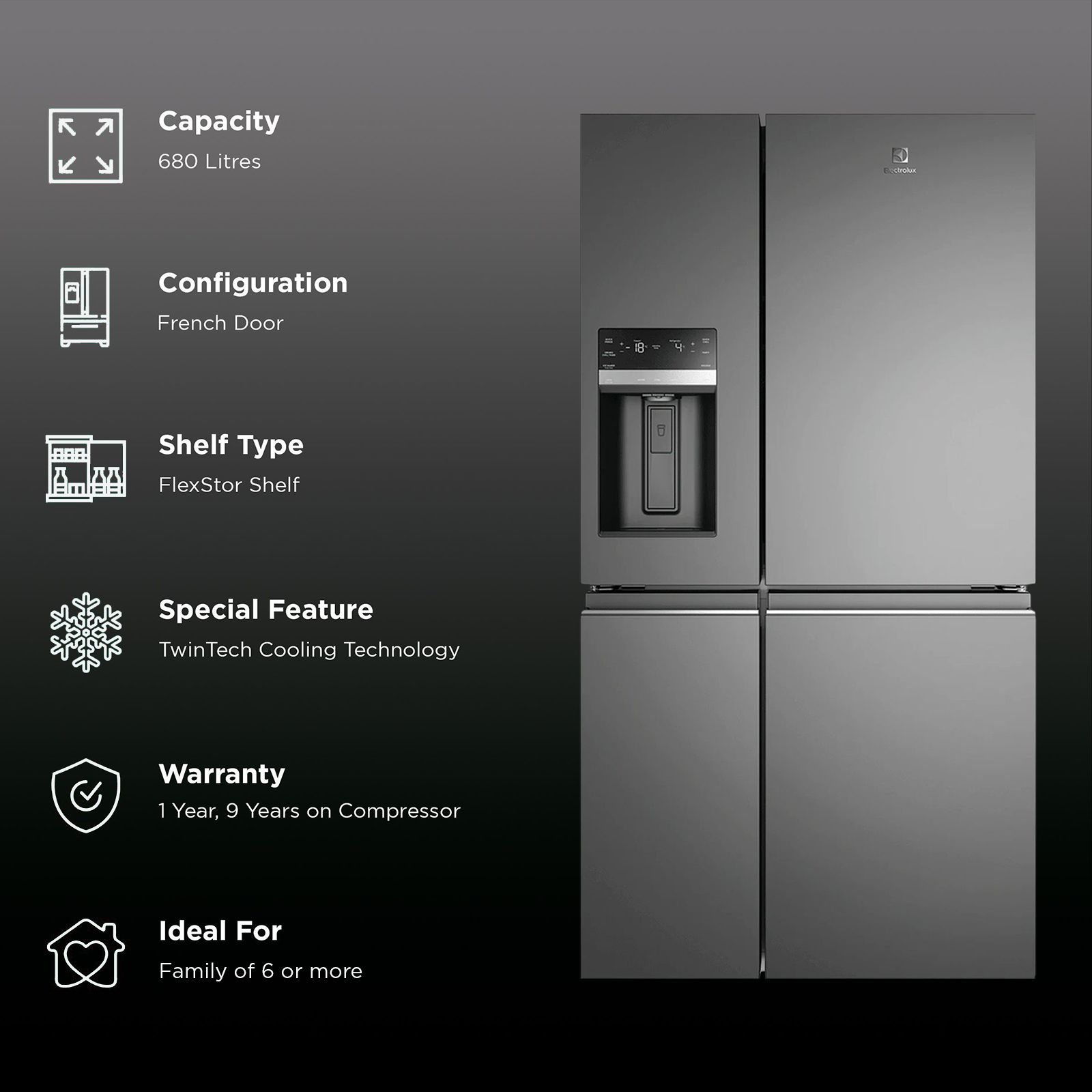 Electrolux UltimateTaste 900 680 Litres Frost Free French Door Refrigerator with Water Dispenser (EQE6879A-B NIN, Glossy Dark Grey) Electrolux UltimateTaste 900 680 Litres Frost Free French Door Refrigerator with Water Dispenser (EQE6879A-B NIN, Glossy Dark Grey)_2