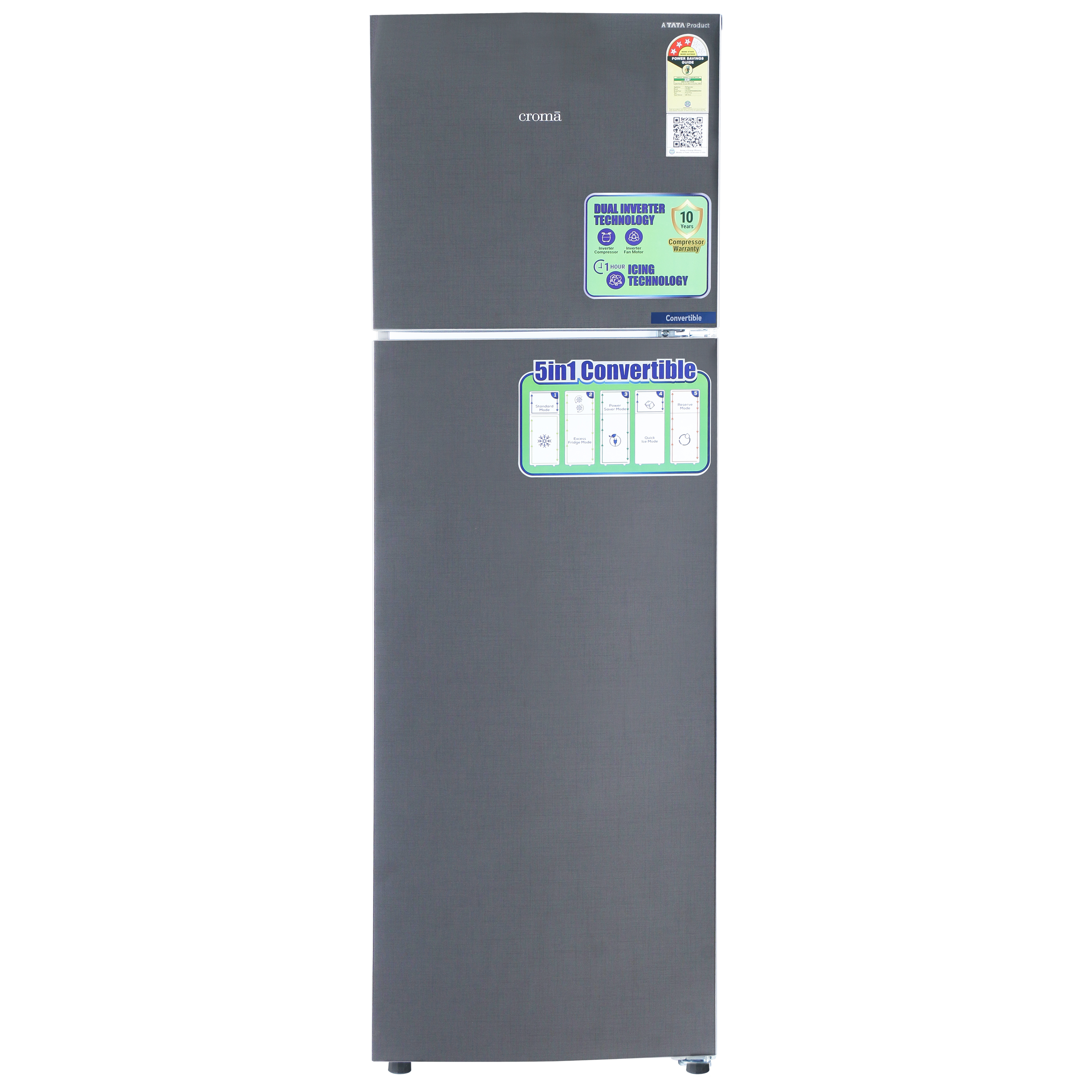 Croma 268 Litres 3 Star Frost Free Double Door Convertible Refrigerator with Dual Inverter Technology ( Criss Cross Metalic Grey) Croma 268 Litres 3 Star Frost Free Double Door Convertible Refrigerator with Dual Inverter Technology ( Criss Cross Metalic Grey)_1
