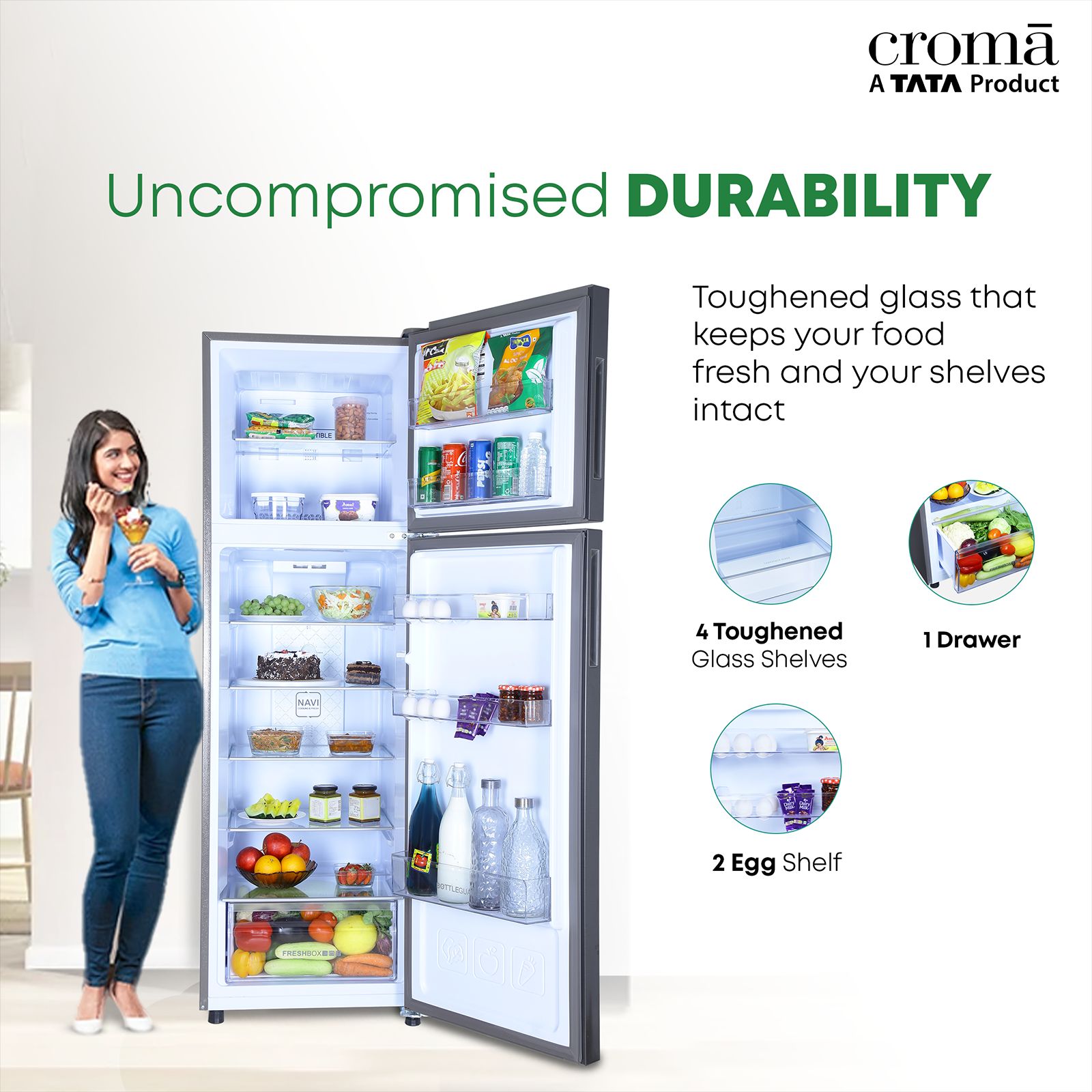 Croma 268 Litres 3 Star Frost Free Double Door Convertible Refrigerator with Dual Inverter Technology ( Criss Cross Metalic Grey) Croma 268 Litres 3 Star Frost Free Double Door Convertible Refrigerator with Dual Inverter Technology ( Criss Cross Metalic Grey)_14