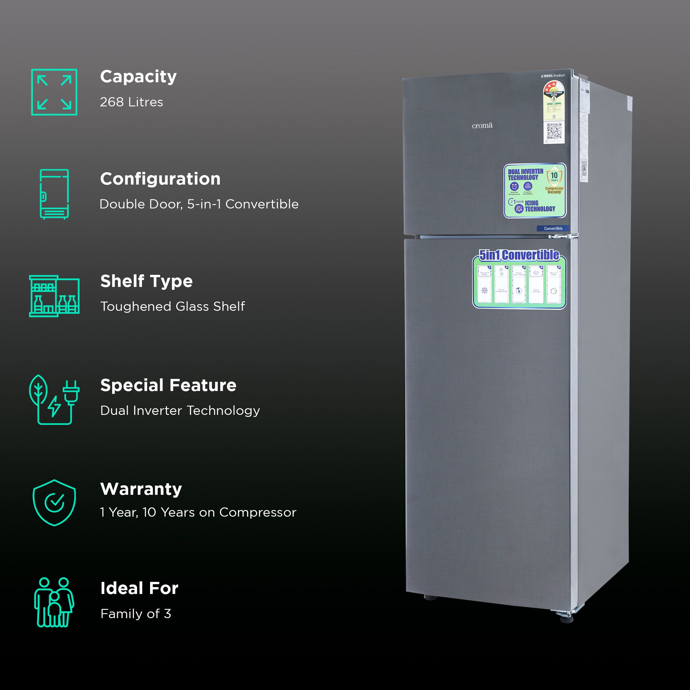Croma 268 Litres 3 Star Frost Free Double Door Convertible Refrigerator with Dual Inverter Technology ( Criss Cross Metalic Grey) Croma 268 Litres 3 Star Frost Free Double Door Convertible Refrigerator with Dual Inverter Technology ( Criss Cross Metalic Grey)_2