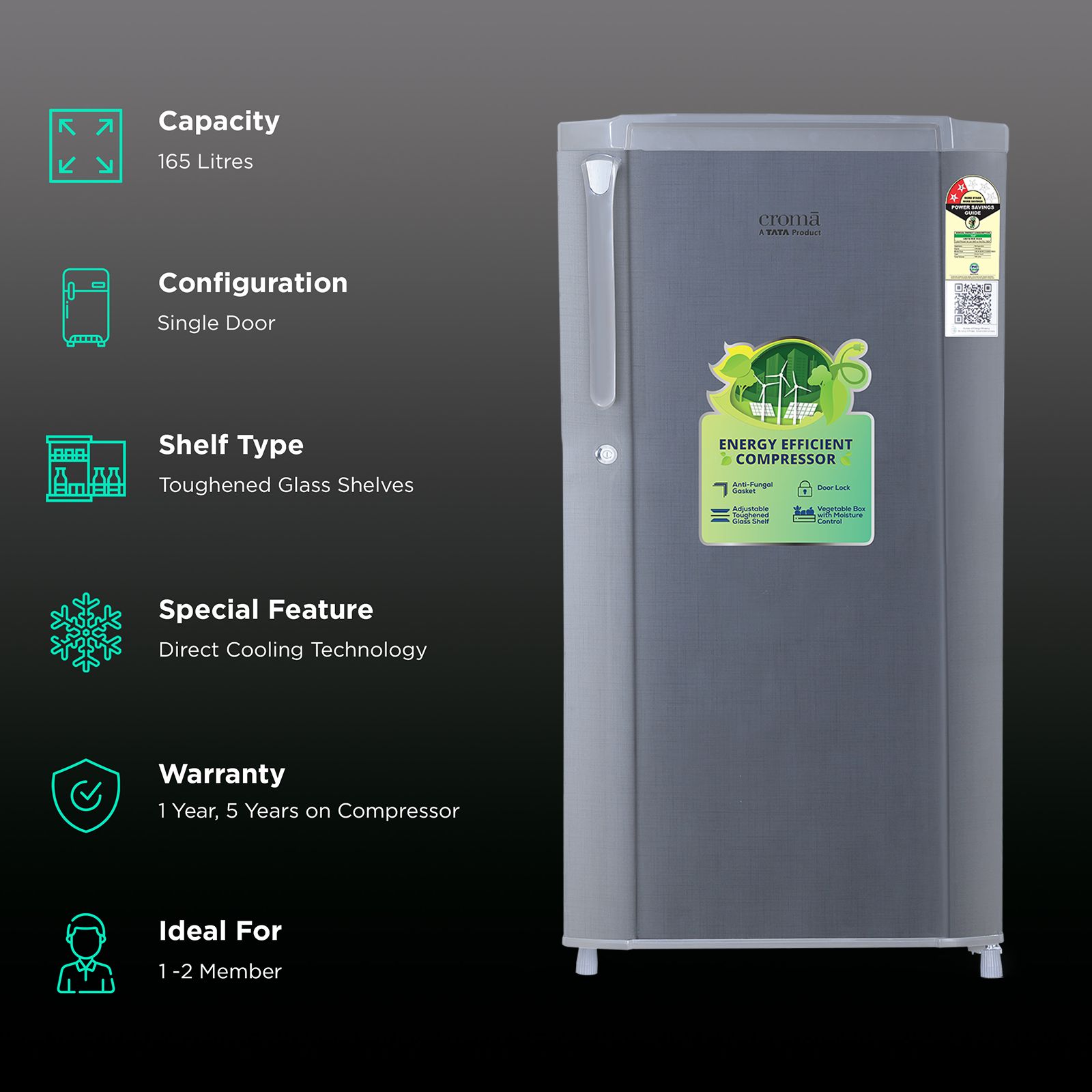 Croma 165 Litres 2 Star Direct Cool Single Door Refrigerator with Anti Fungal Gasket ( Criss Cross Metallic Grey)_2
