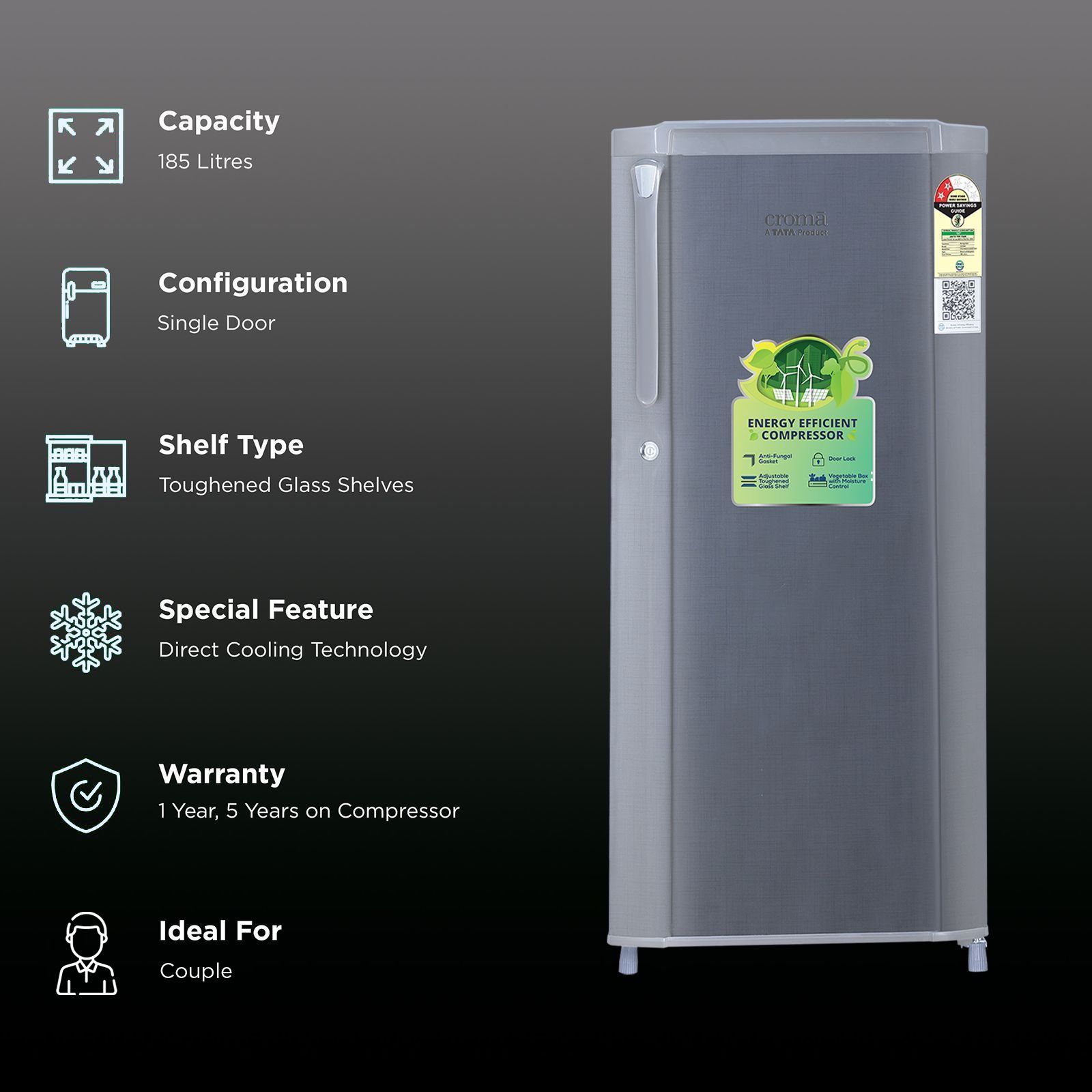 Croma 185 Litres 2 Star Direct Cool Single Door Refrigerator with Anti Fungal Gasket ( Criss Cross Metallic Grey) Croma 185 Litres 2 Star Direct Cool Single Door Refrigerator with Anti Fungal Gasket ( Criss Cross Metallic Grey)_2