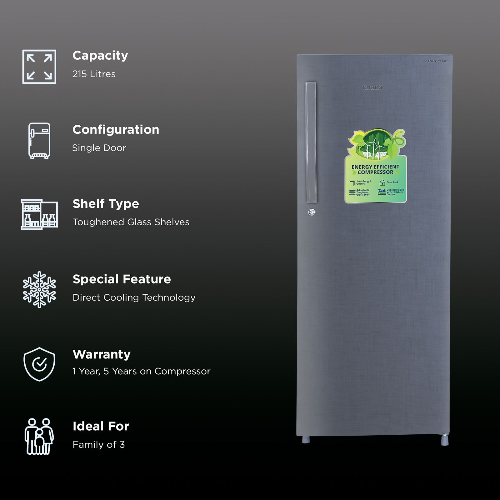 Croma 215 Litres 2 Star Direct Cool Single Door Refrigerator with Anti Fungal Gasket ( Criss Cross Metallic Grey) Croma 215 Litres 2 Star Direct Cool Single Door Refrigerator with Anti Fungal Gasket ( Criss Cross Metallic Grey)_2