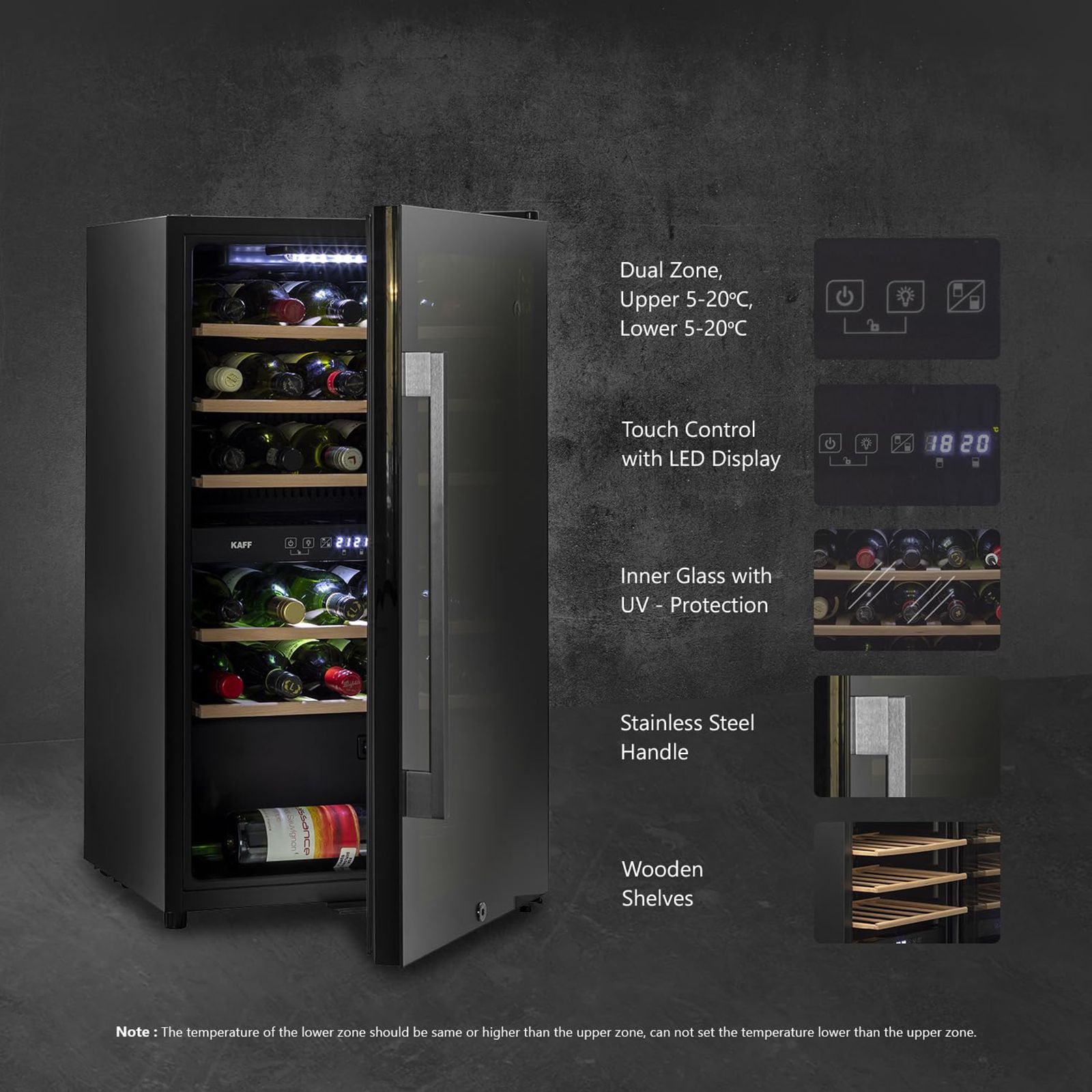 KAFF 76 Litres 29 Bottles Wine Cooler (Inner Glass with UV Protection, WC 76 DZ, Black)_8