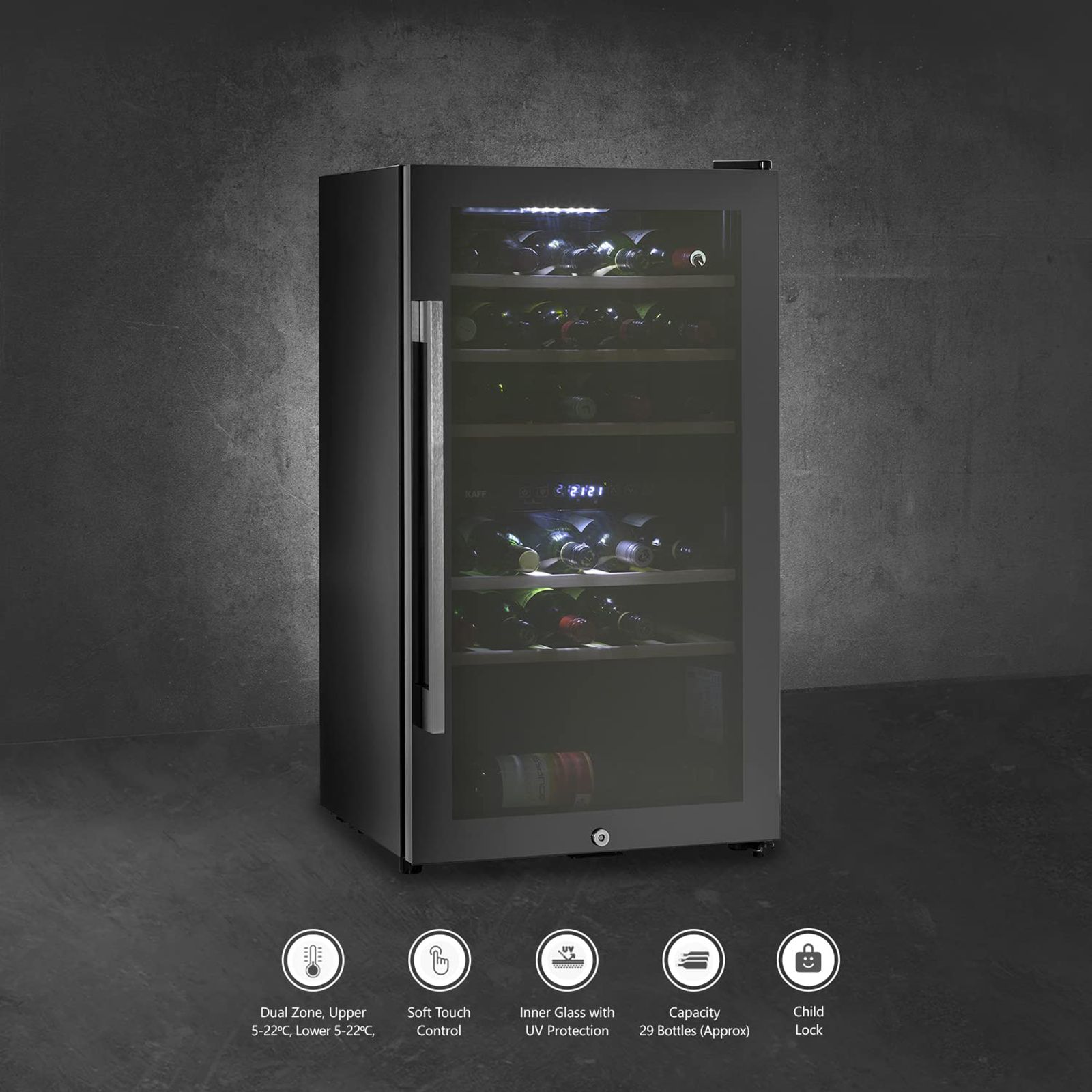 KAFF 76 Litres 29 Bottles Wine Cooler (Inner Glass with UV Protection, WC 76 DZ, Black)_9