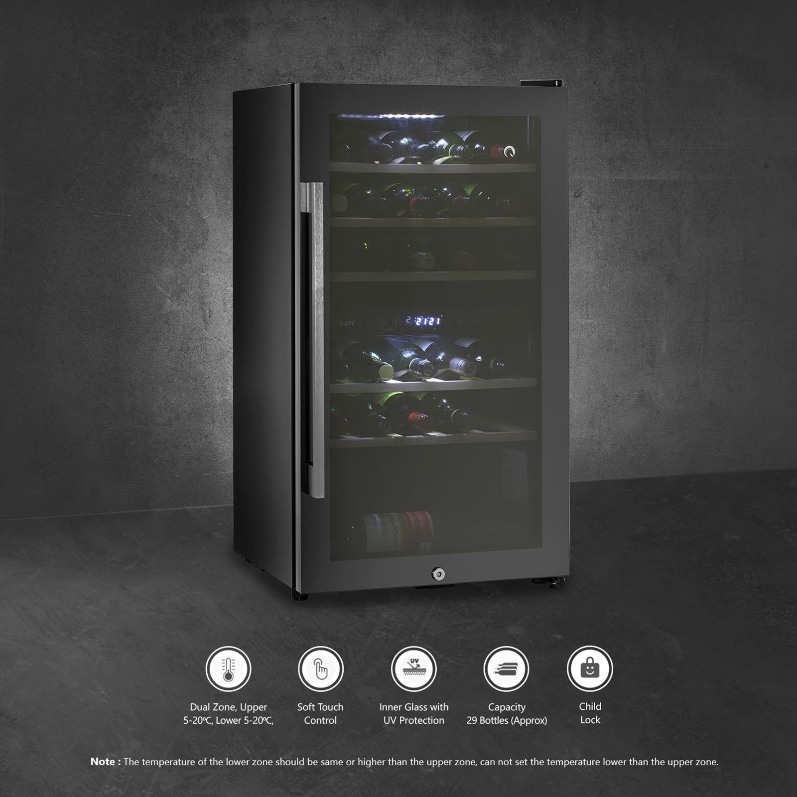 KAFF 76 Litres 29 Bottles Wine Cooler (Inner Glass with UV Protection, WC 76 DZ, Black)_10