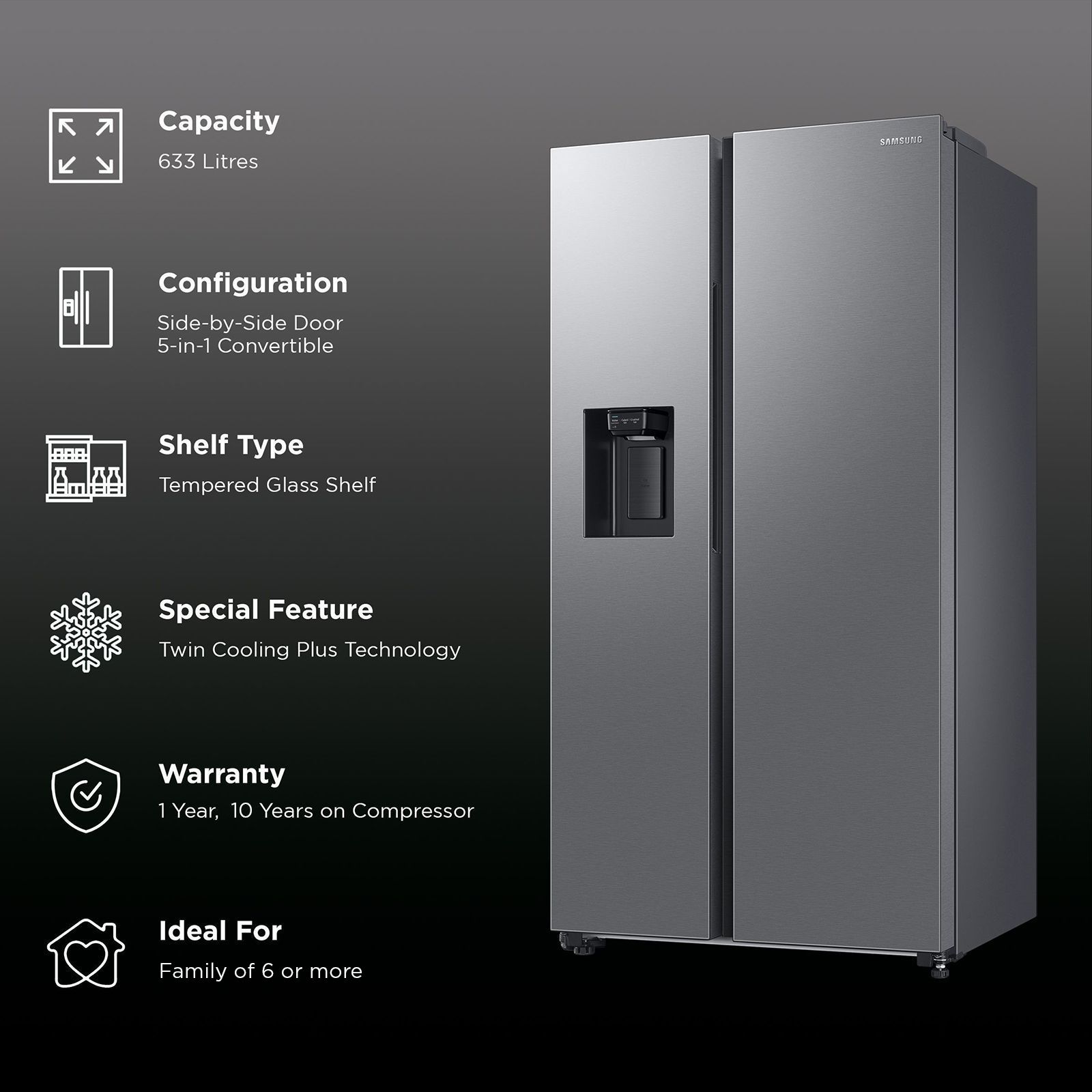 SAMSUNG 633 Litres 3 Star Auto Defrost Side by Side Convertible Refrigerator with Twin Cooling Plus (RS78CG8543SLHL, EZ Clean Steel)_2