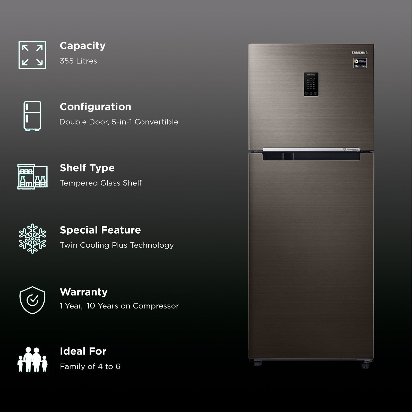 SAMSUNG 355 Litres 2 Star Frost Free Double Door Convertible Refrigerator with Twin Cooling Plus (RT39C5C32DX/HL, Black Inox) SAMSUNG 355 Litres 2 Star Frost Free Double Door Convertible Refrigerator with Twin Cooling Plus (RT39C5C32DX/HL, Black Inox)_2