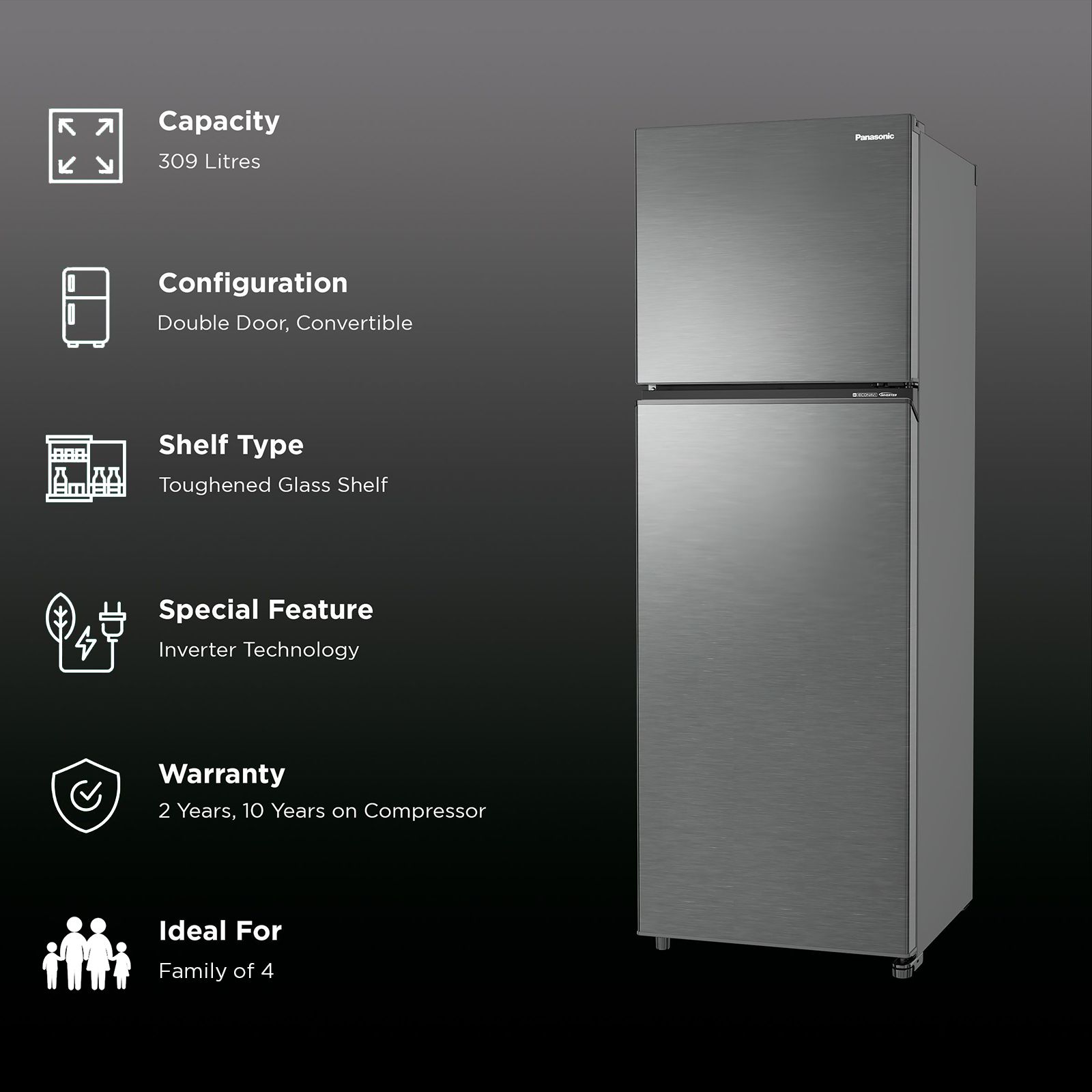 Panasonic Prime 275 Litres 3 Star Frost Free Double Door Convertible Refrigerator with AG Clean Technology (NR-TG327CVHN, Electric Grey) Panasonic Prime 275 Litres 3 Star Frost Free Double Door Convertible Refrigerator with AG Clean Technology (NR-TG327CVHN, Electric Grey)_2