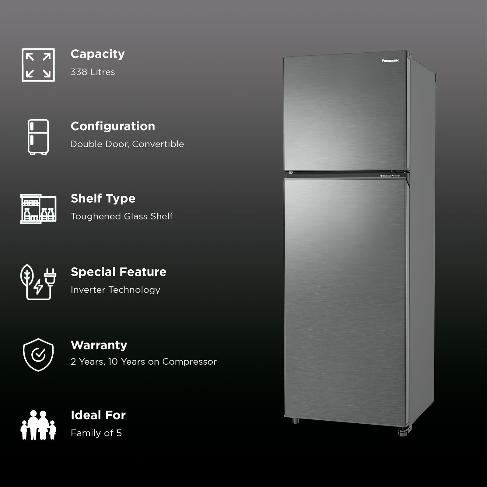 Panasonic Prime 304 Litres 3 Star Frost Free Double Door Convertible Refrigerator with AG Clean Technology (NR-TG357CVHN, Electric Grey)_2
