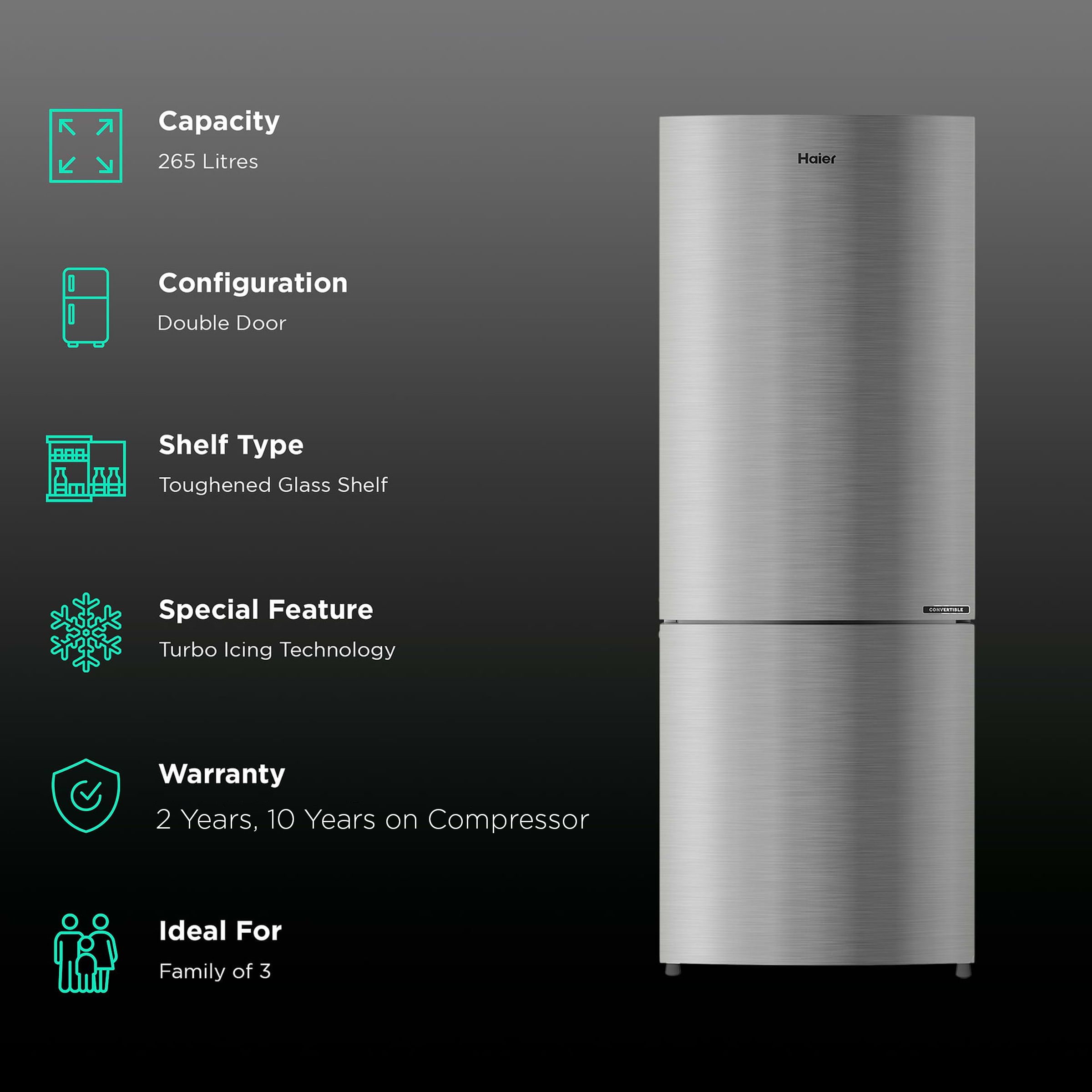 Haier 265 Litres 3 Star Frost Free Double Door Bottom Mount Convertible Refrigerator with Twin Inverter Technology (HRB-3153BIS-P, Inox Steel) Haier 265 Litres 3 Star Frost Free Double Door Bottom Mount Convertible Refrigerator with Twin Inverter Technology (HRB-3153BIS-P, Inox Steel)_2