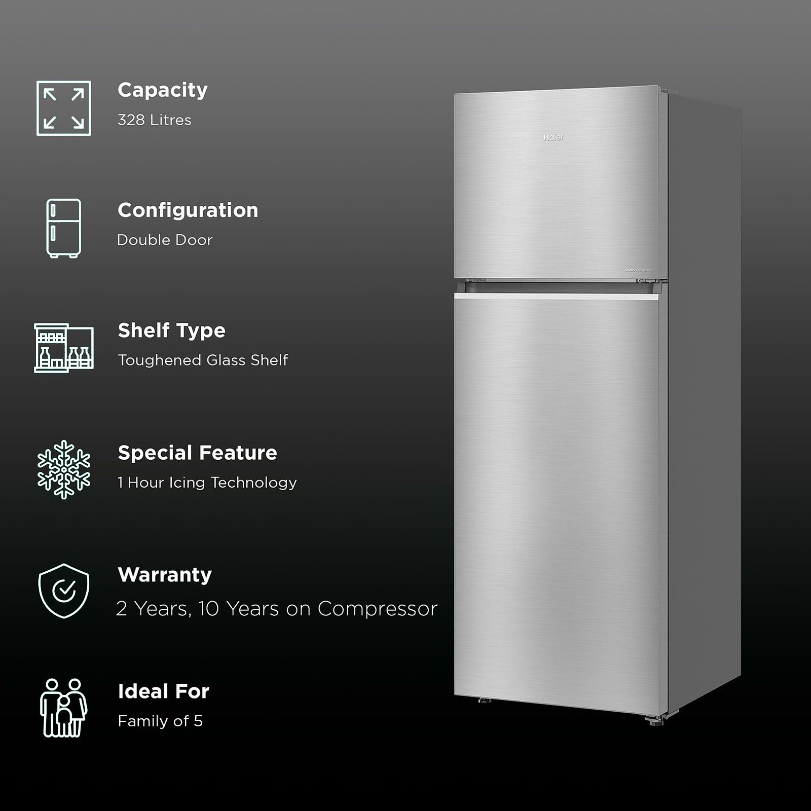 Haier 328 Litres 3 Star Frost Free Double Door Convertible Refrigerator with Triple Inverter Technology (HRF-3783BIS-P, Inox Steel)_2