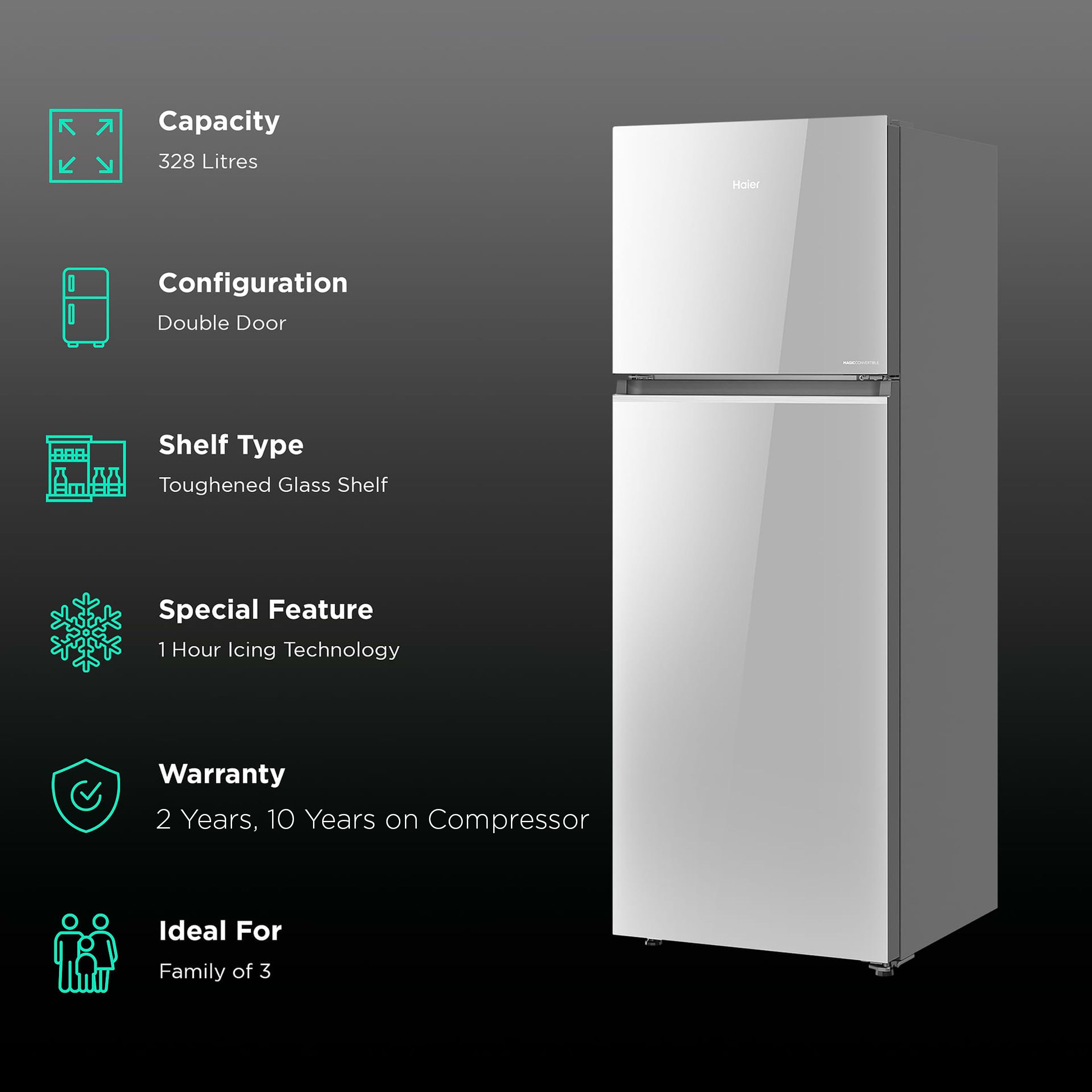 Haier 328 Litres 3 Star Frost Free Double Door Convertible Refrigerator with Triple Inverter Technology (HRF-3783PMG-P, Mirror Glass) Haier 328 Litres 3 Star Frost Free Double Door Convertible Refrigerator with Triple Inverter Technology (HRF-3783PMG-P, Mirror Glass)_2
