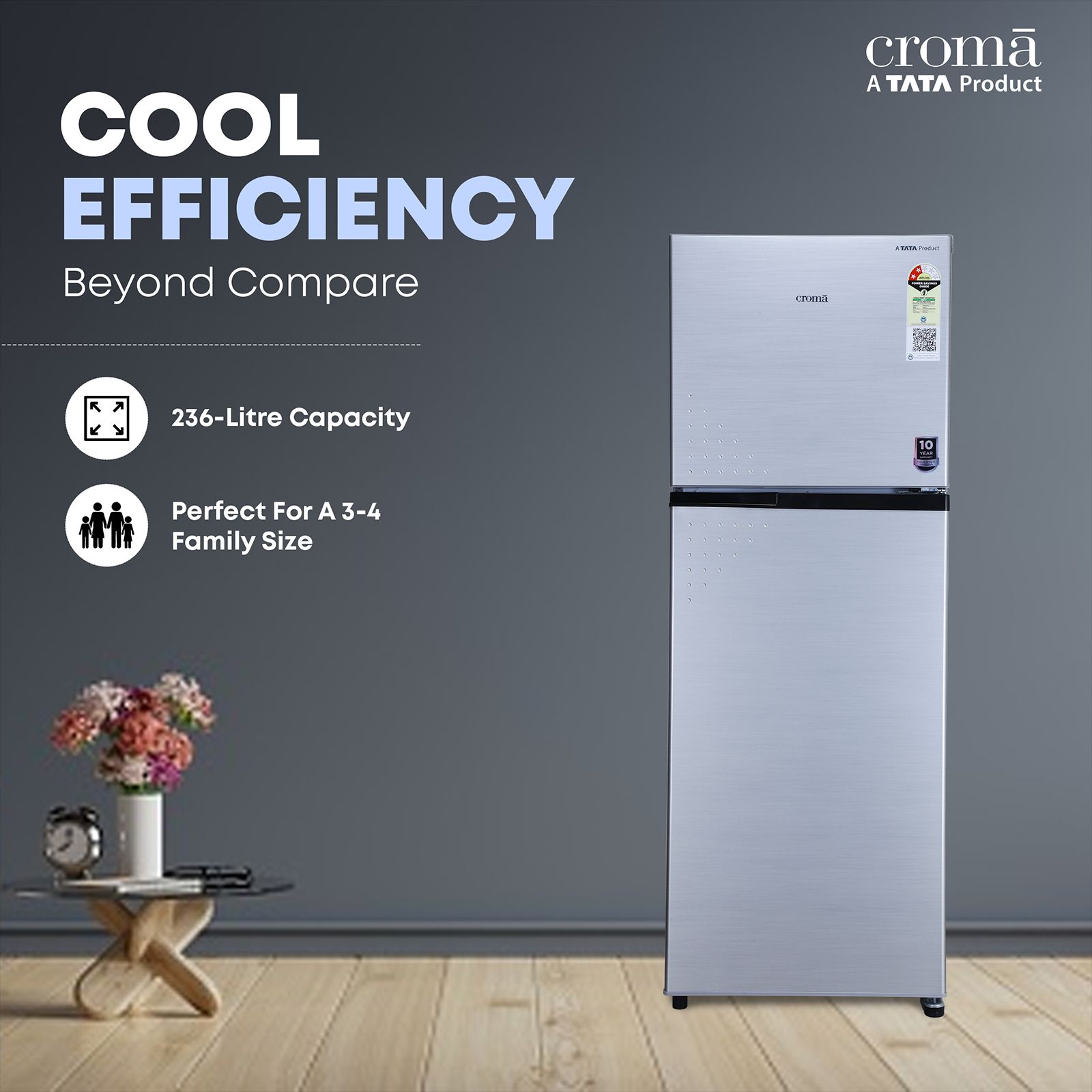 Croma 236 Litres 2 Star Frost Free Double Door Refrigerator with Inverter Technology ( Shining Silver)_5