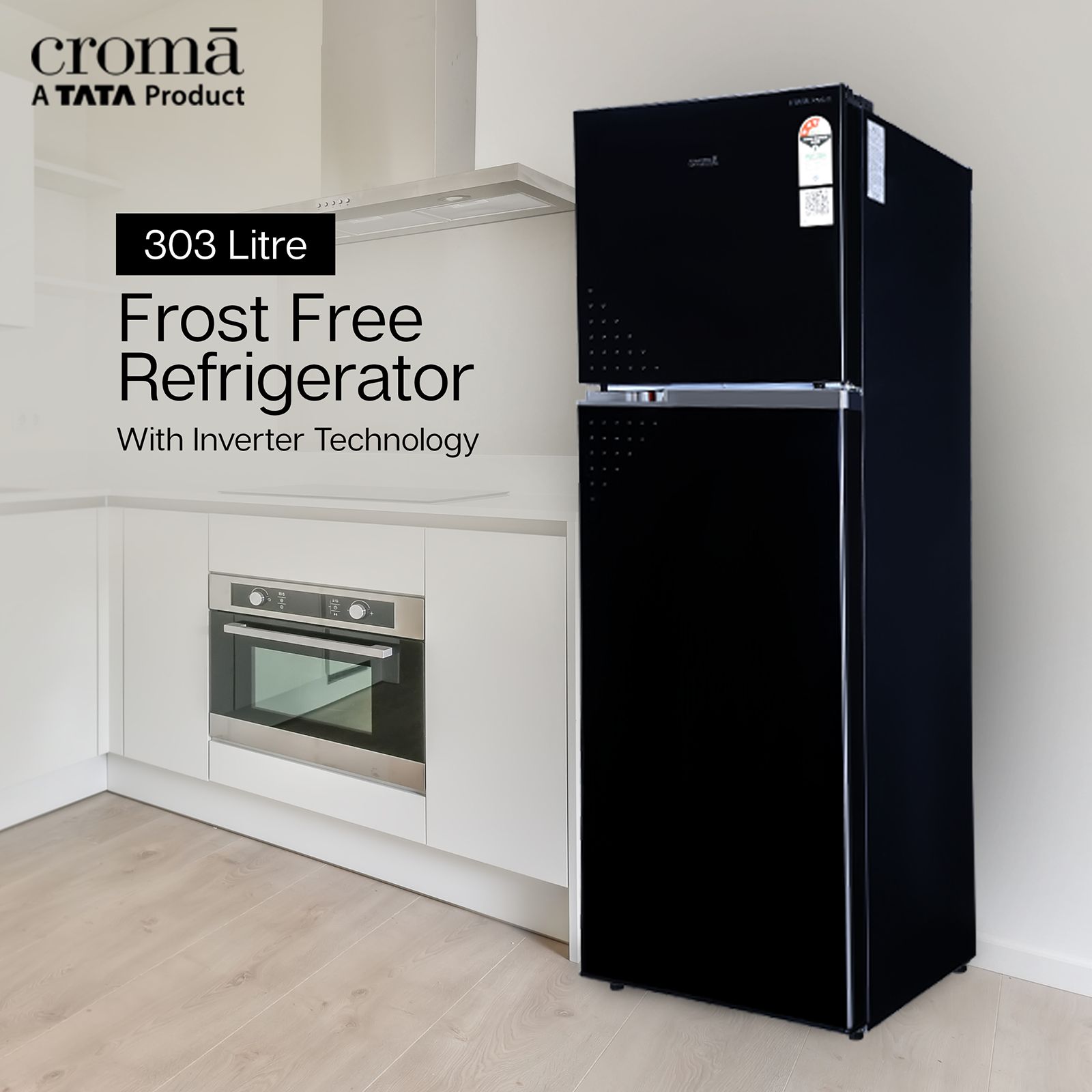 Croma 303 Litres 3 Star Frost Free Double Door Convertible Refrigerator with Inverter Technology ( Black Uniglass)_4