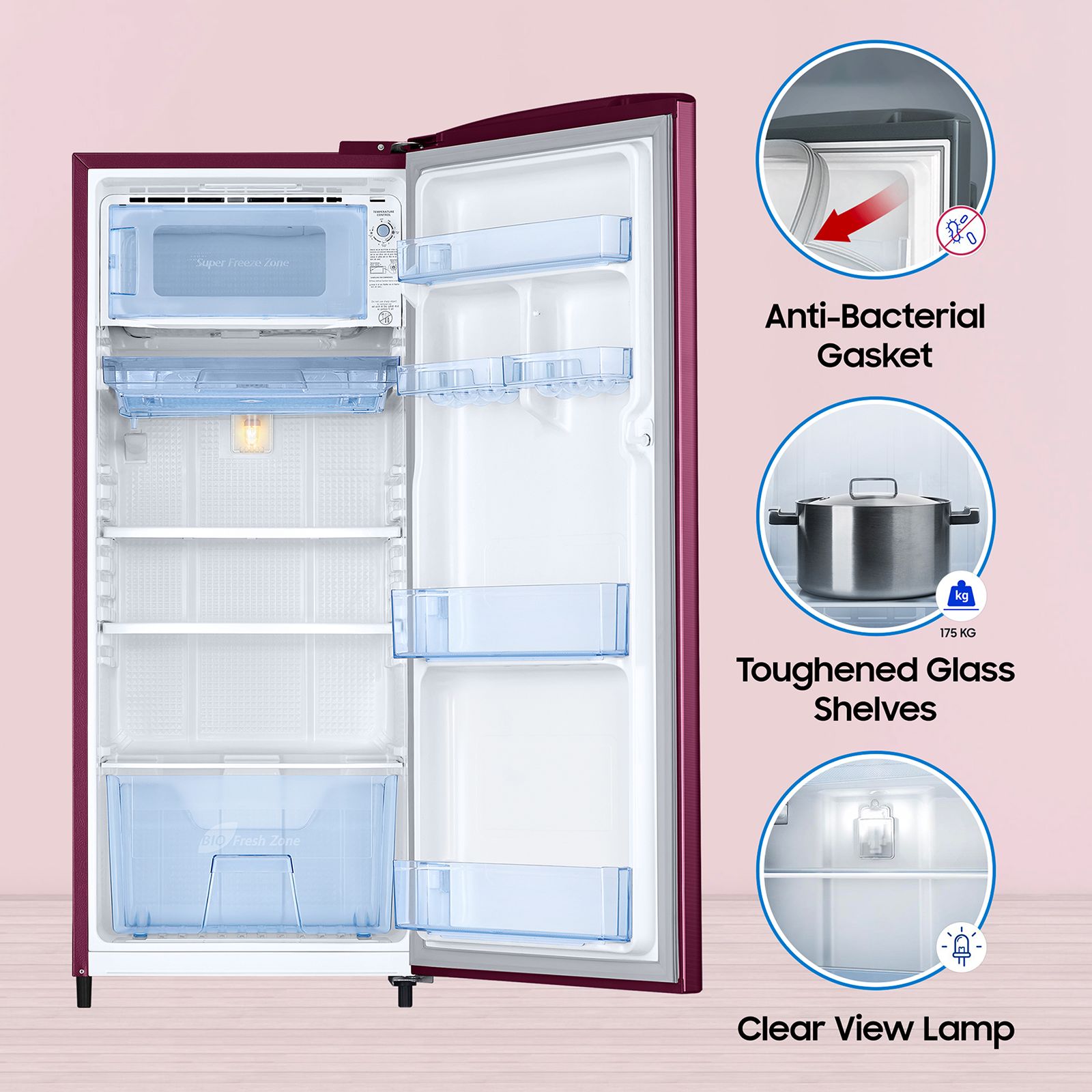 SAMSUNG Stylish Grande 183 Litres3 Star Direct Cool Single Door Refrigerator with Anti Bacterial Gasket (RR20C1723R8/HL, Blooming Saffron Red) SAMSUNG Stylish Grande 183 Litres3 Star Direct Cool Single Door Refrigerator with Anti Bacterial Gasket (RR20C1723R8/HL, Blooming Saffron Red)_14