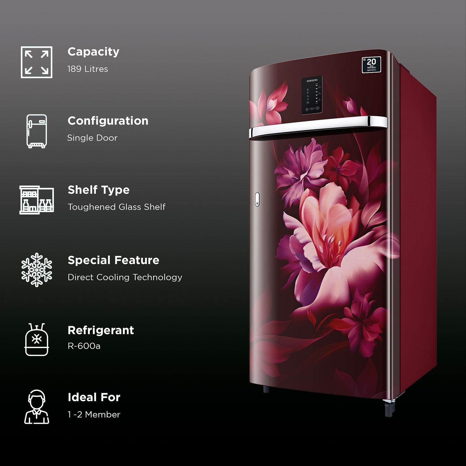 SAMSUNG 189 Litres 4 Star Direct Cool Single Door Refrigerator (RR21C2E24RZ/HL, Midnight Blossom Red) SAMSUNG 189 Litres 4 Star Direct Cool Single Door Refrigerator (RR21C2E24RZ/HL, Midnight Blossom Red)_2