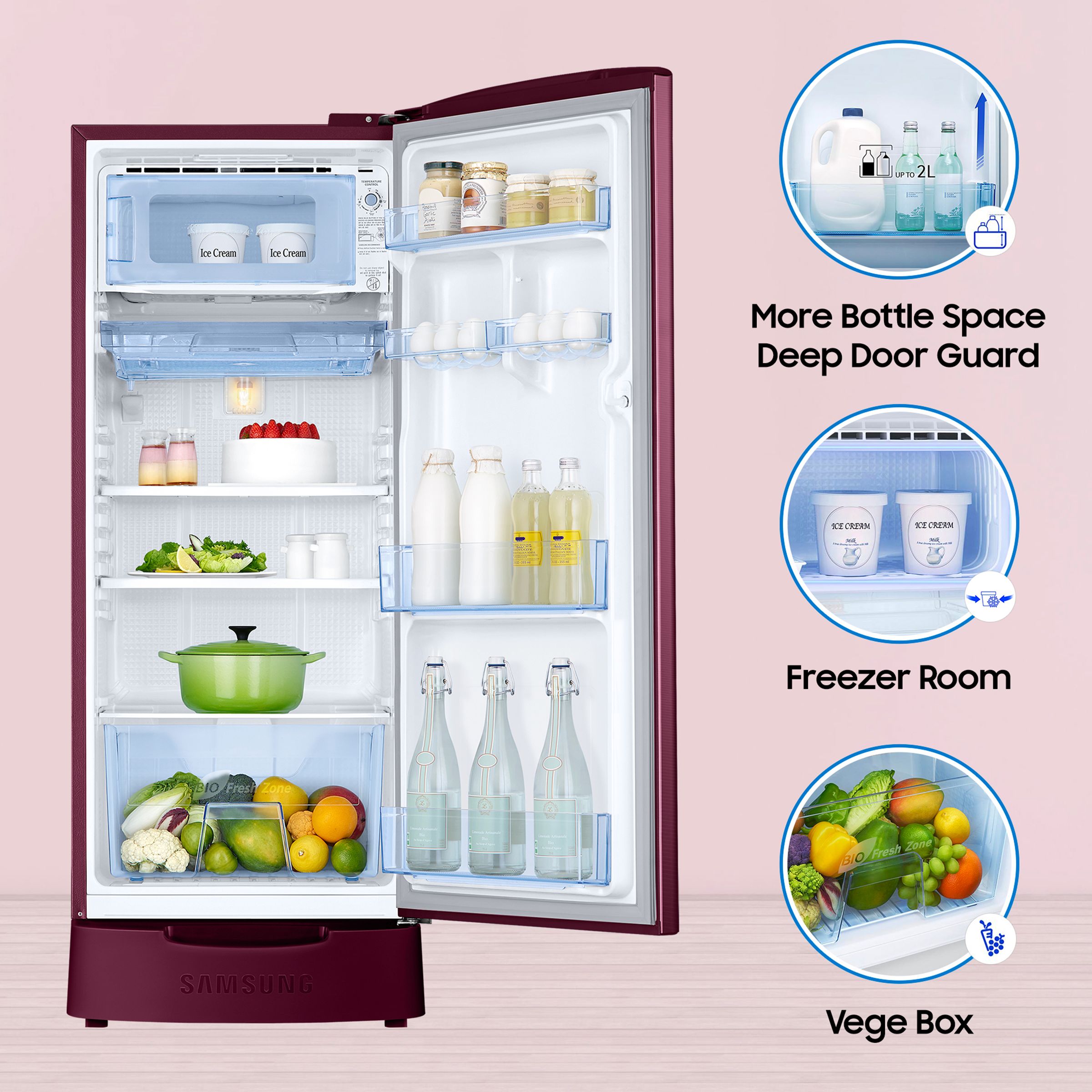 SAMSUNG 183 Litres 3 Star Direct Cool Single Door Refrigerator with Base Drawer (RR20C1823R8/HL, Saffron Red)_14