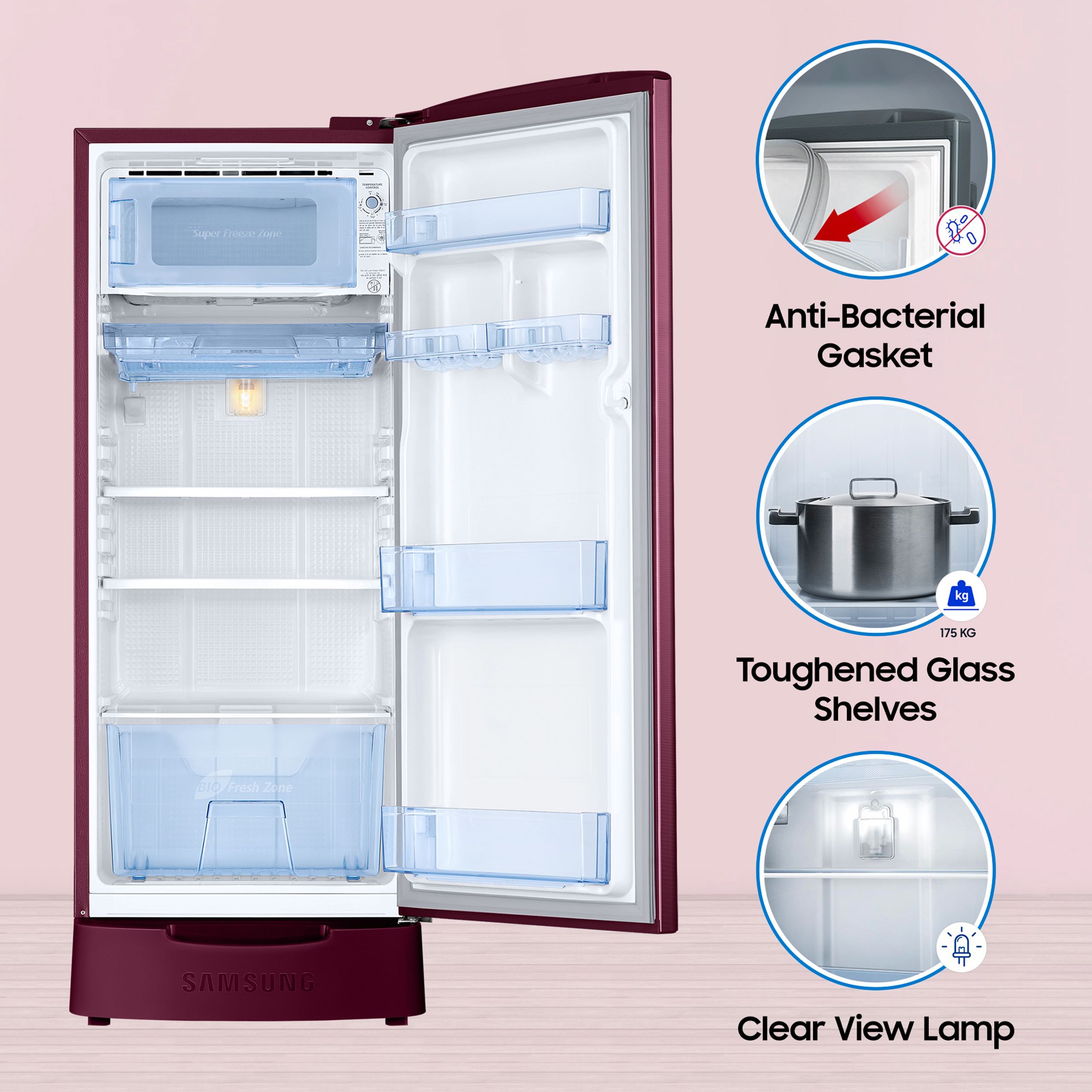 SAMSUNG 183 Litres 3 Star Direct Cool Single Door Refrigerator with Base Drawer (RR20C1823R8/HL, Saffron Red)_15