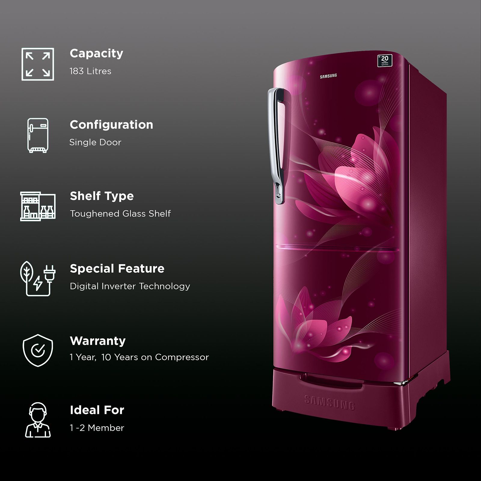 SAMSUNG 183 Litres 3 Star Direct Cool Single Door Refrigerator with Base Drawer (RR20C1823R8/HL, Saffron Red)_2