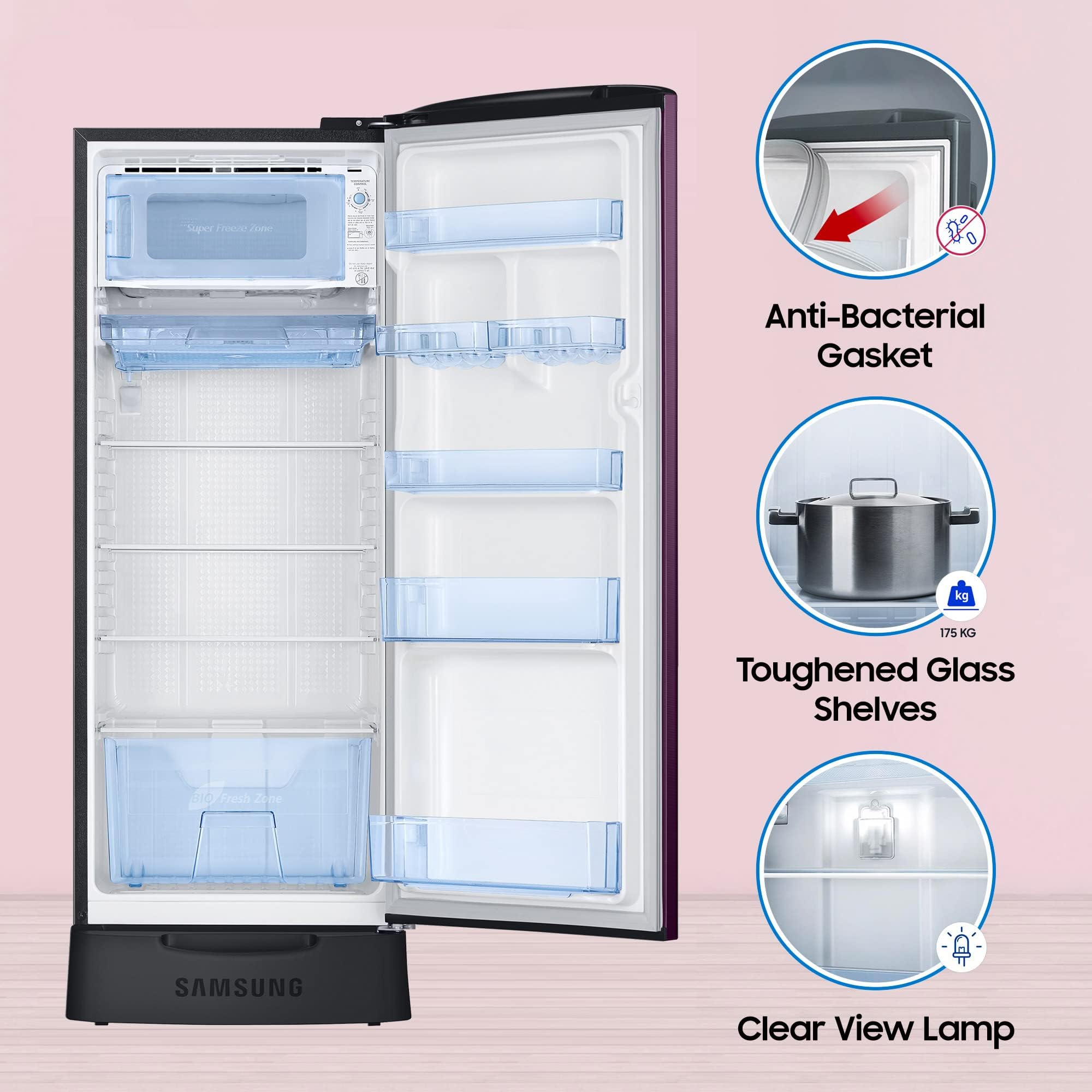SAMSUNG Stylish Grande 223 Litres3 Star Direct Cool Single Door Refrigerator with Base Stand Drawer (RR24C2Z23CR/NL, Camellia Purple) SAMSUNG Stylish Grande 223 Litres3 Star Direct Cool Single Door Refrigerator with Base Stand Drawer (RR24C2Z23CR/NL, Camellia Purple)_14