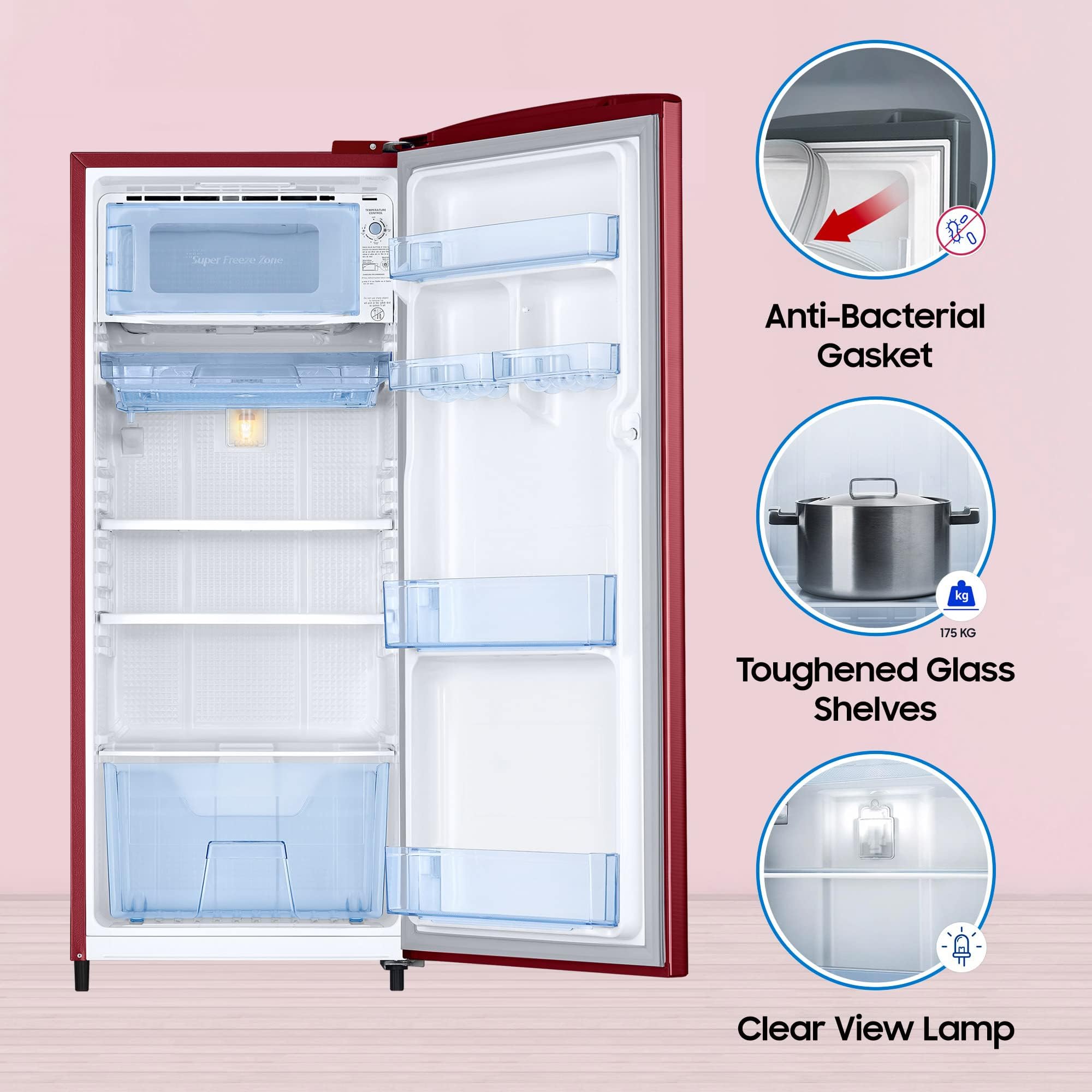 SAMSUNG 183 Litres 2 Star Direct Cool Single Door Refrigerator with Toughened Glass Shelves (RR20C2412RH/NL, Scarlet Red) SAMSUNG 183 Litres 2 Star Direct Cool Single Door Refrigerator with Toughened Glass Shelves (RR20C2412RH/NL, Scarlet Red)_14