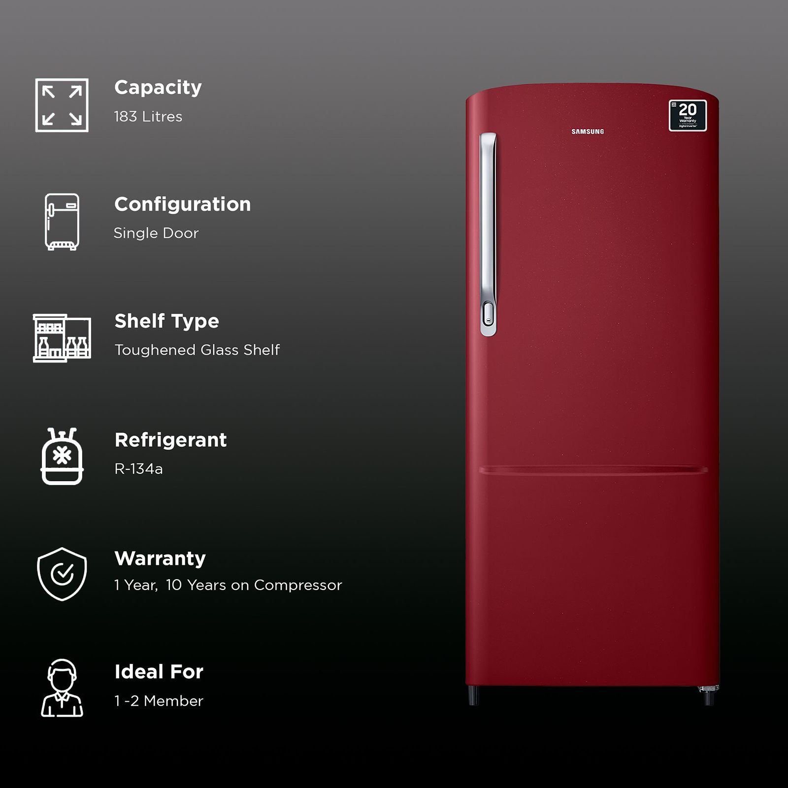 SAMSUNG 183 Litres 2 Star Direct Cool Single Door Refrigerator with Toughened Glass Shelves (RR20C2412RH/NL, Scarlet Red) SAMSUNG 183 Litres 2 Star Direct Cool Single Door Refrigerator with Toughened Glass Shelves (RR20C2412RH/NL, Scarlet Red)_2